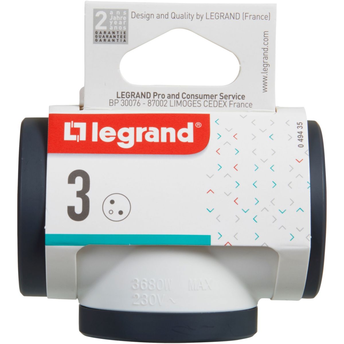 Fiche triplite 3 prises latérales 3680W - Blanc et Gris foncé - Legrand - 3