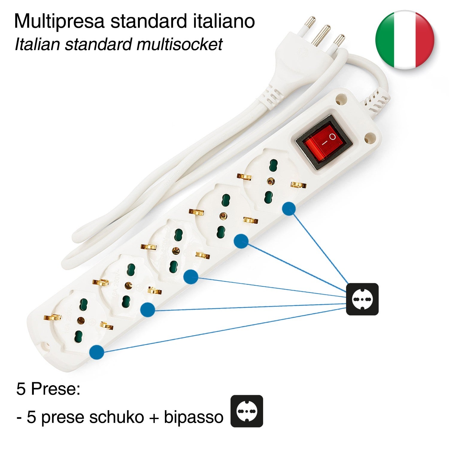 Multiprise italienne 5 entrées, câble de 1,5 m et prise compacte - 3