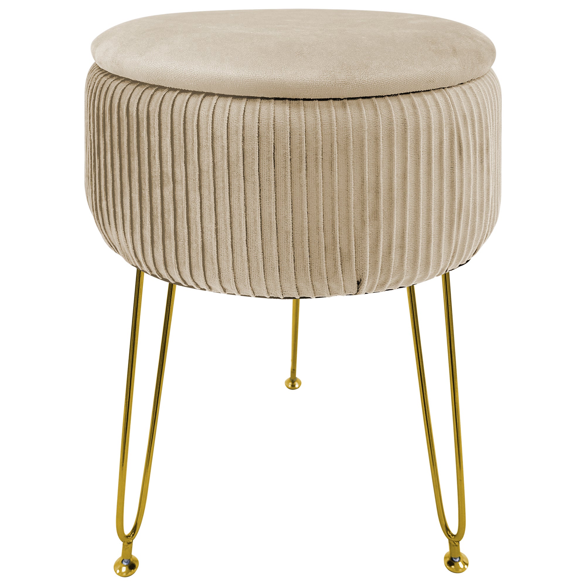 Pouf Rotondo In Velluto Blu Con Struttura Dorata E Contenitore Integrato