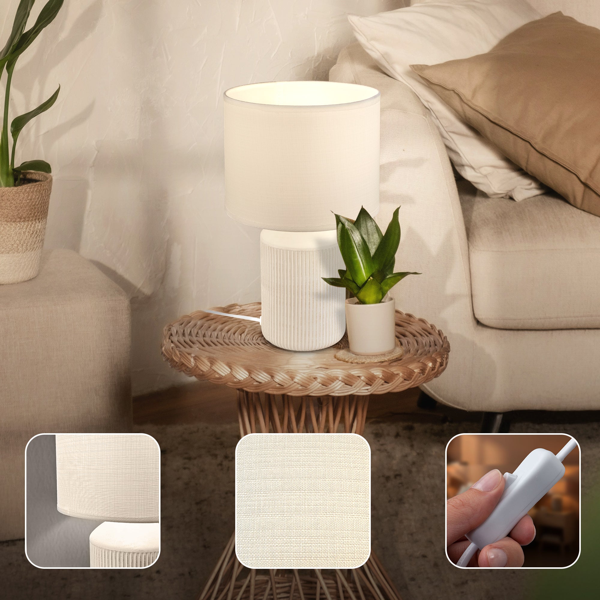 Lampe de table INO en céramique avec abat-jour tissu, blanc, câble interrupteur, IP20, Ø220x375mm, douille E27 max. 10W, sans ampoule - Briloner - 4