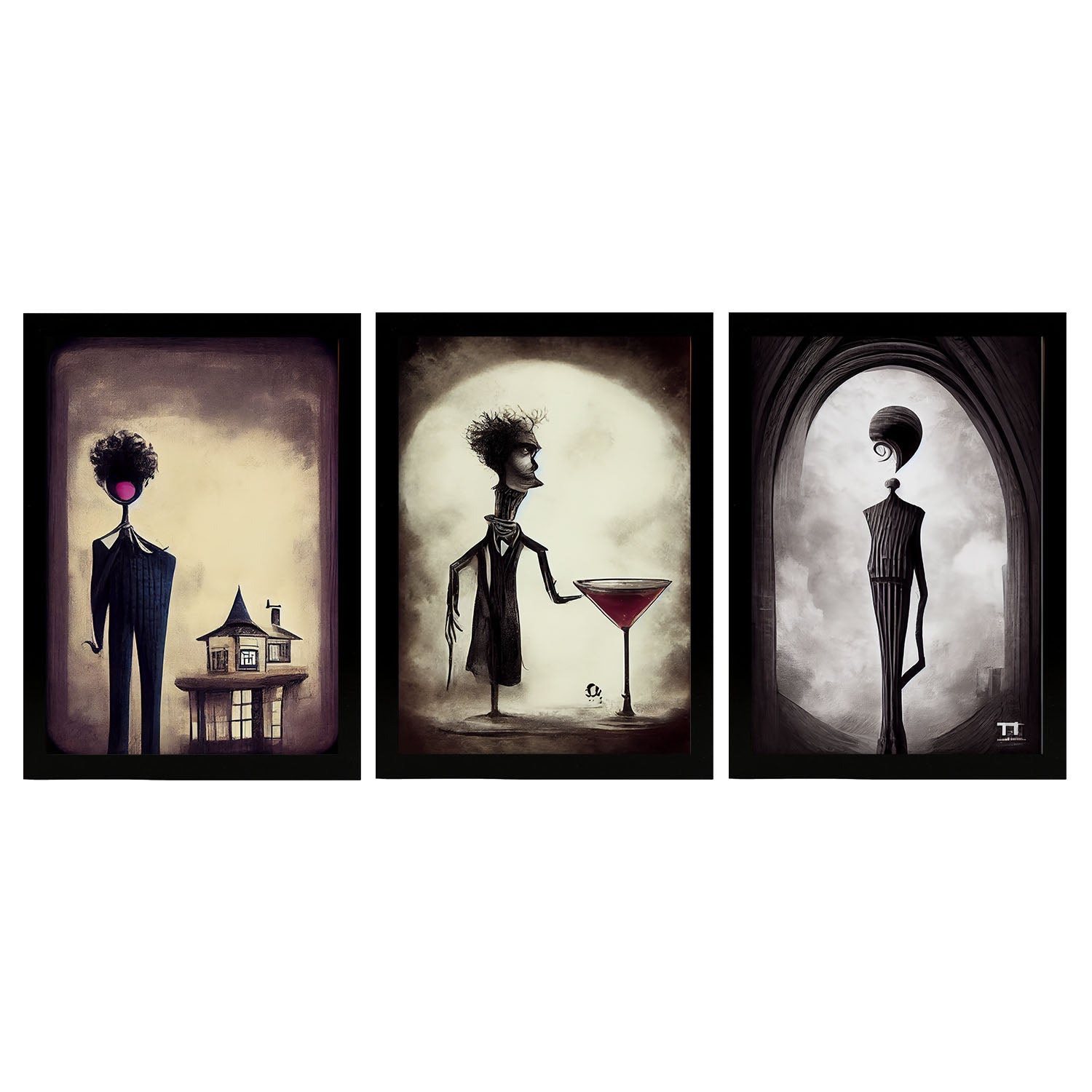 Set de 3 posters urbanitas al estilo de t burton ilustraciones de profesiones y oficios inspiradas en arte gótico y oscuro diseño y a4 sin marco