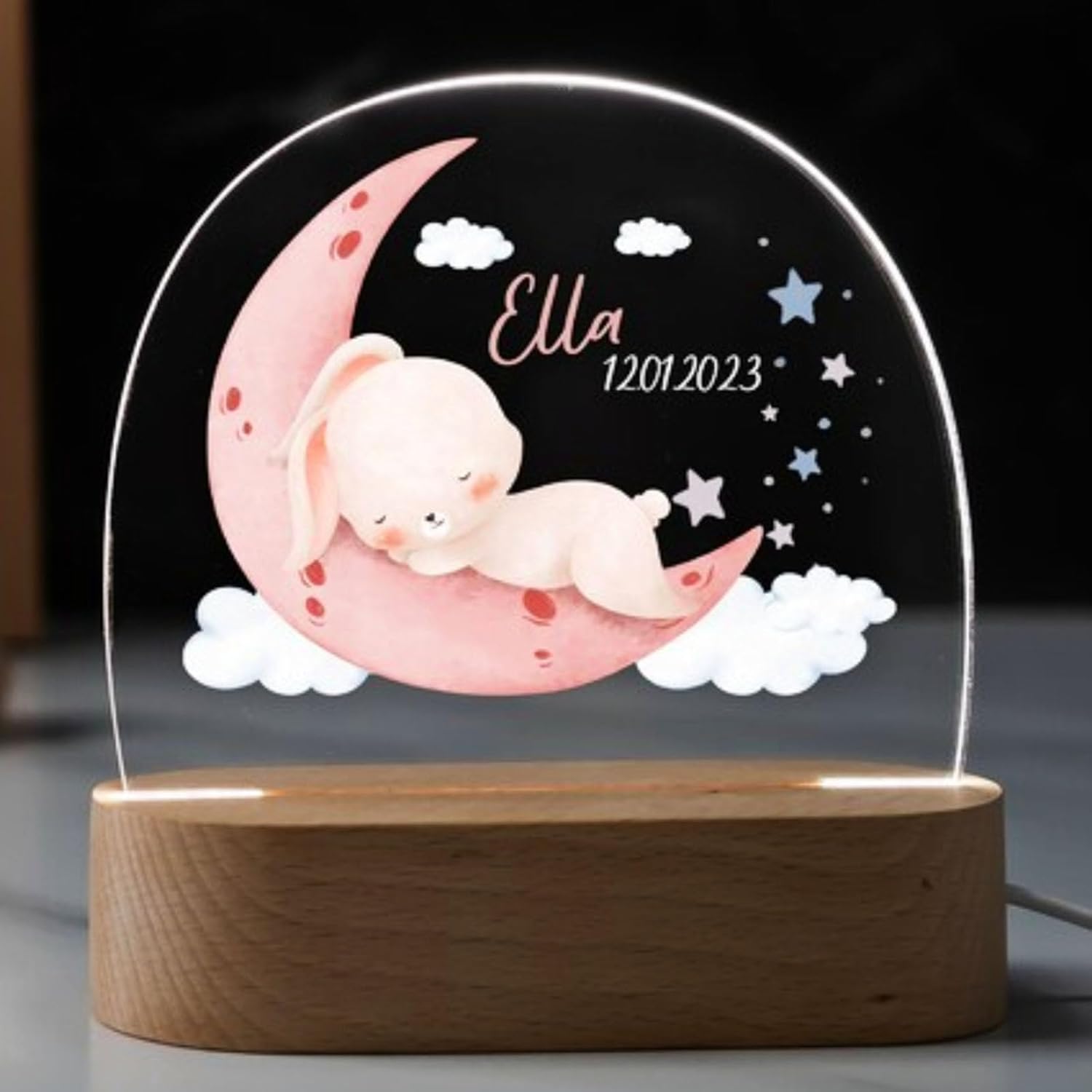 Lampe Lapin Lune Personnalisable - Veilleuse LED Murale Bébé - Prénom, Date De Naissance - Décoration Chambre