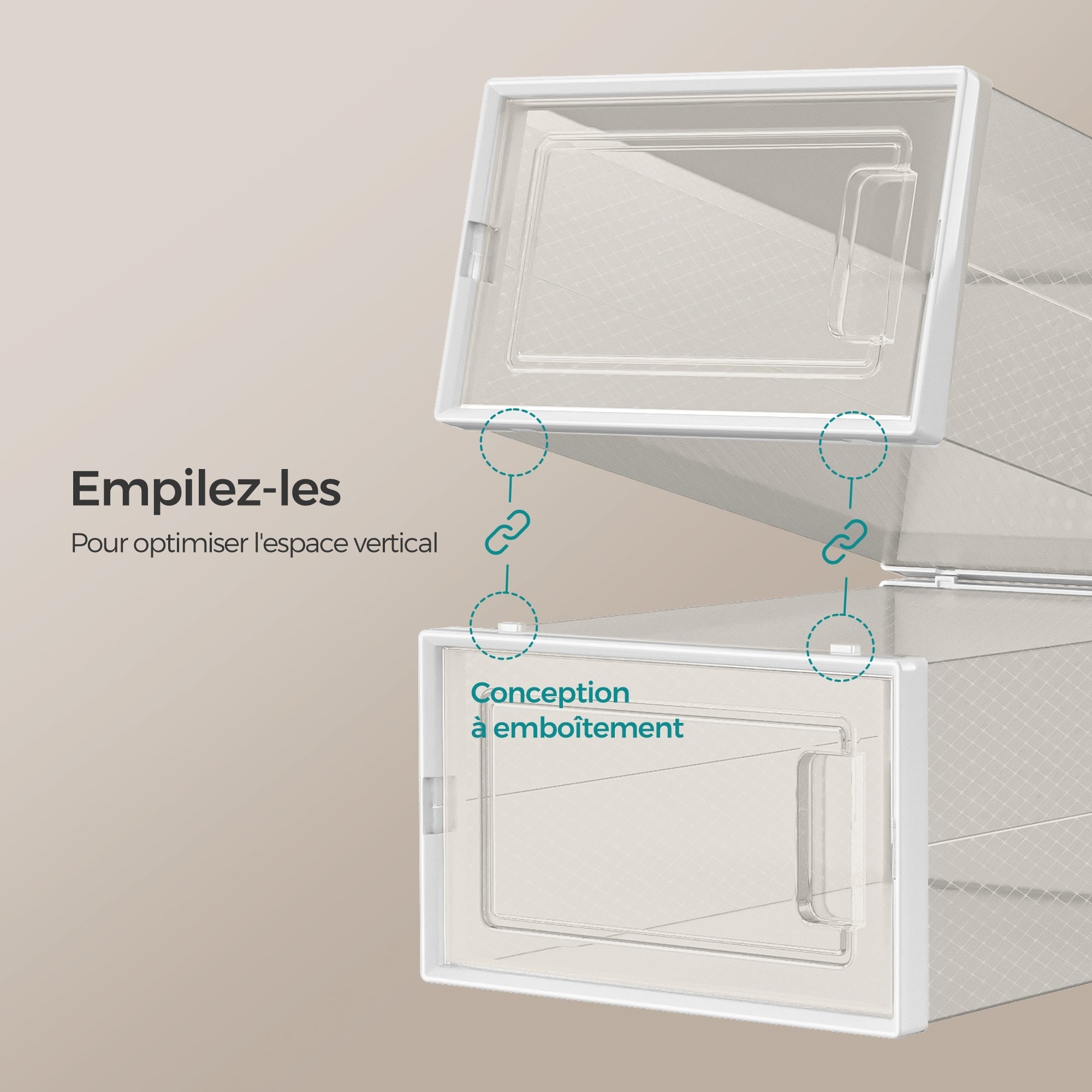 Boîtes à Chaussures, Lot de 18, Organisateur de Chaussures en Plastique, Pliable et Empilable, jusqu'à la Pointure 44, Transparent et Blanc - 3