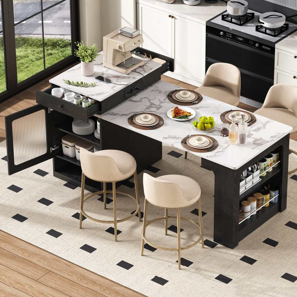 Îlot de cuisine avec roulettes et table extensible – Design marbré ...