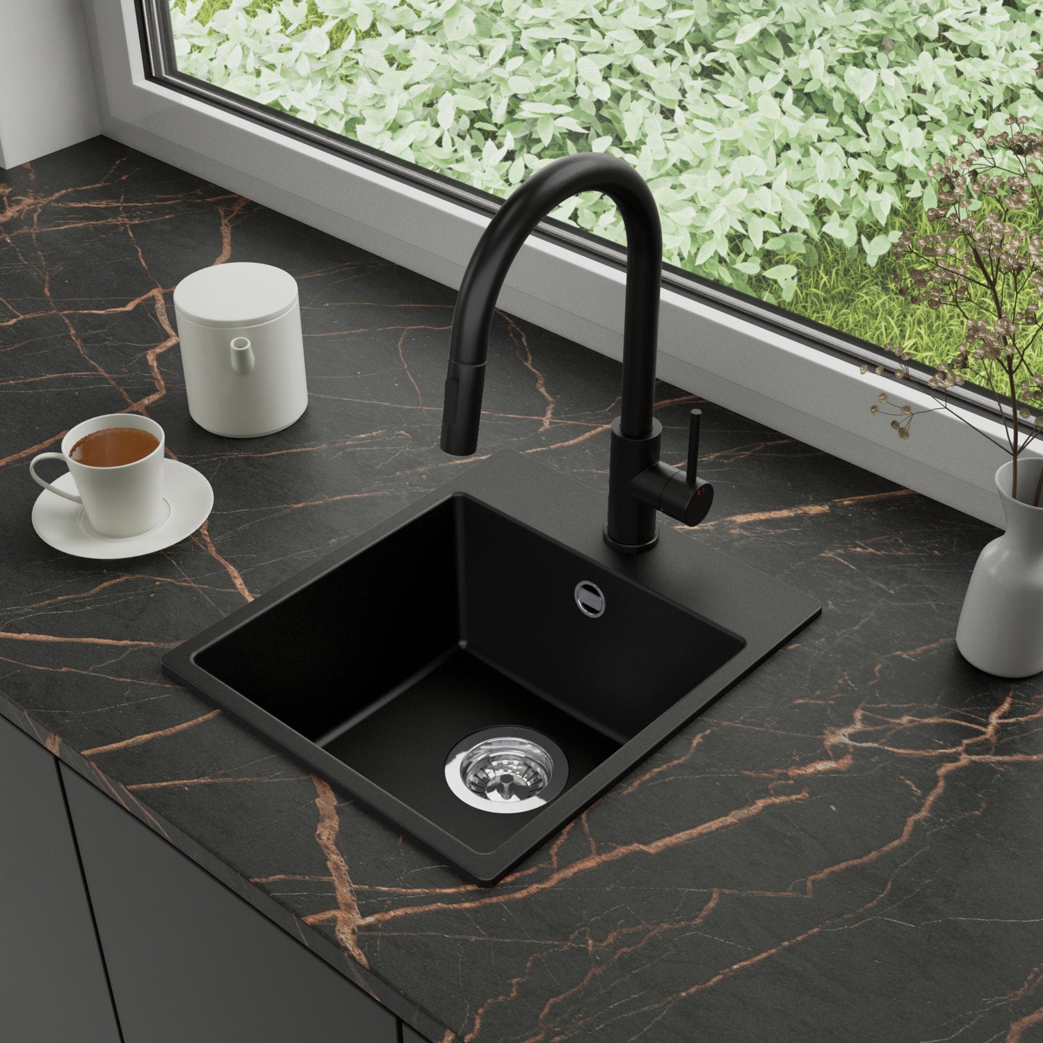 Zlewozmywak Granitowy 38x44cm, do szafki od 40cm + Bateria + Syfon - Amber Czarny STONESTYLE