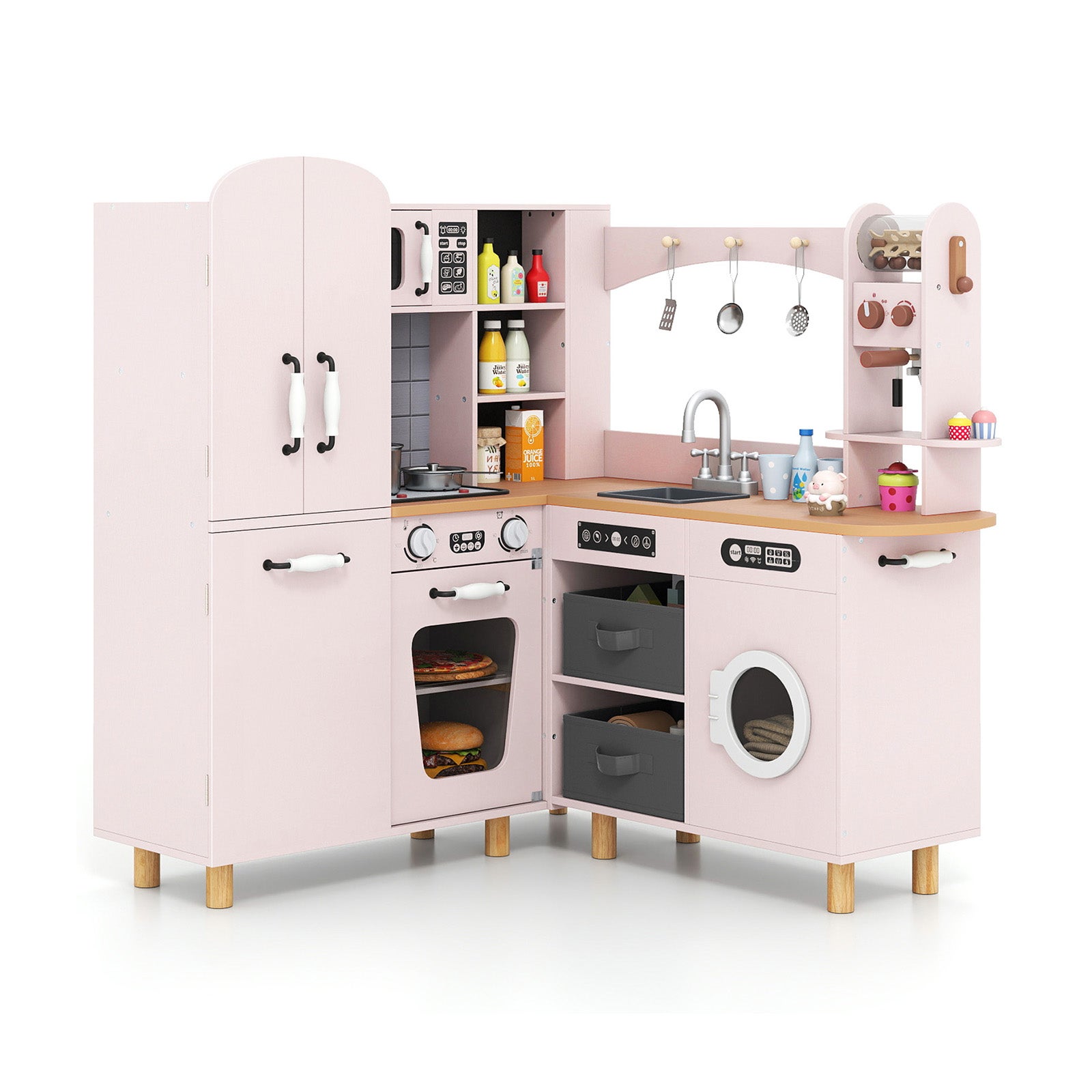 DREAMADE Cuisine En Bois Pour Enfant 3 Ans+ – Avec Lumières, Sons, évier, Four, Micro-ondes, Machine à Laver, Cafetière, Accessoires Et Nourriture Factice