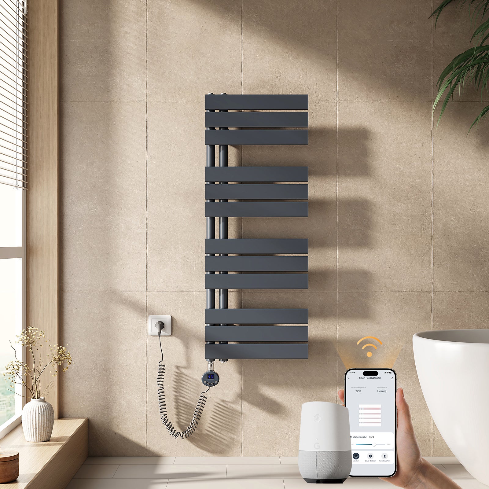 EMKE Grzejnik elektryczny łazienkowy 104x40cm - Inteligentne Sterowanie z Programatorem Tygodniowym w Aplikacji - 400W - Matowy Antracyt