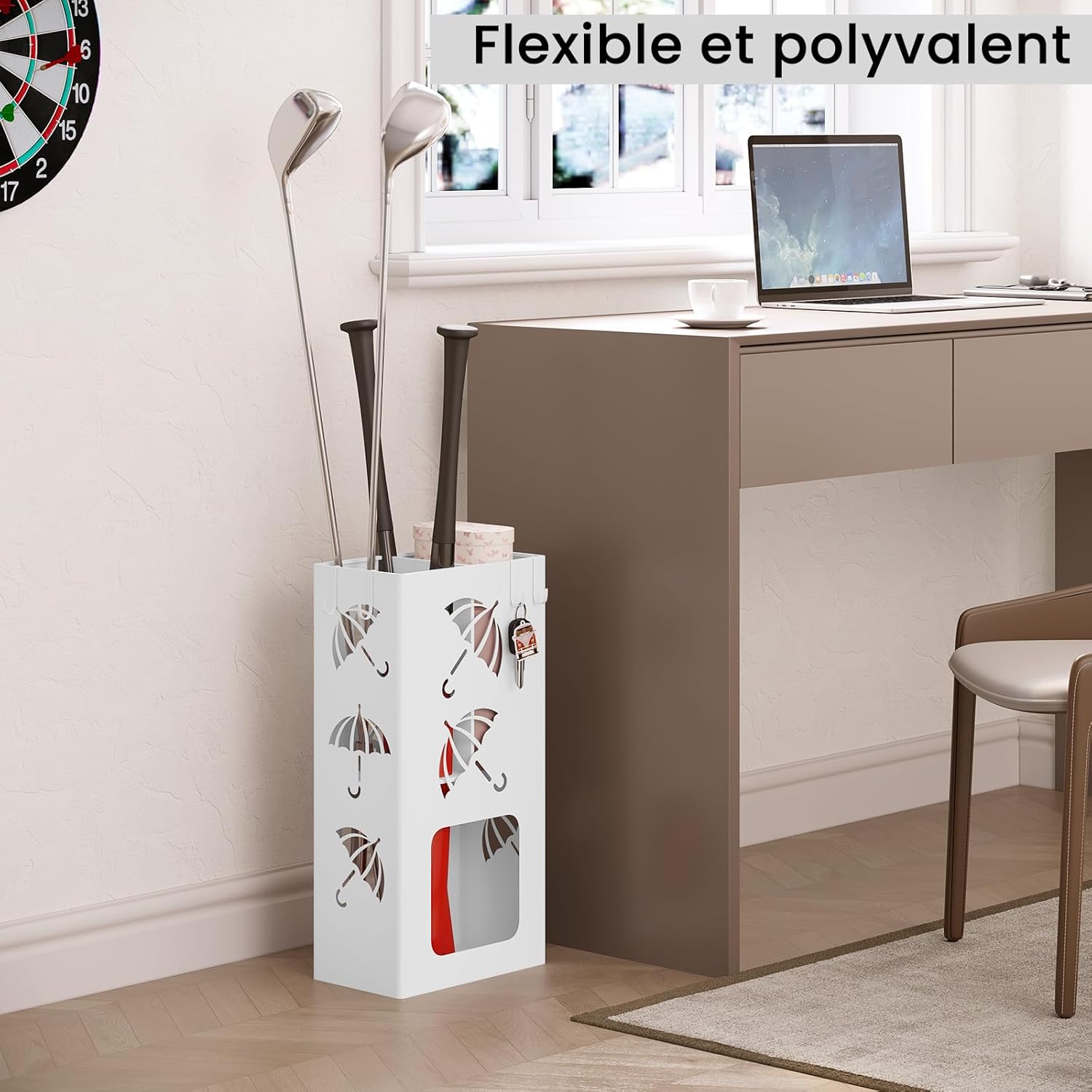 Porte-Parapluie avec 4 Crochets WOLTU, Porte-Parapluie avec 2 Zones Séparées, en Métal Antirouille, Blanc - 3