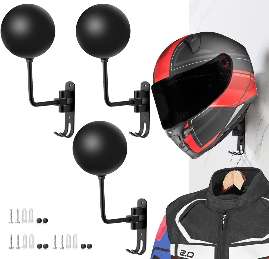 Uchwyt ścienny na kask motocyklowy, obrotowy hak 180 stopni, 3 sztuki, czarny