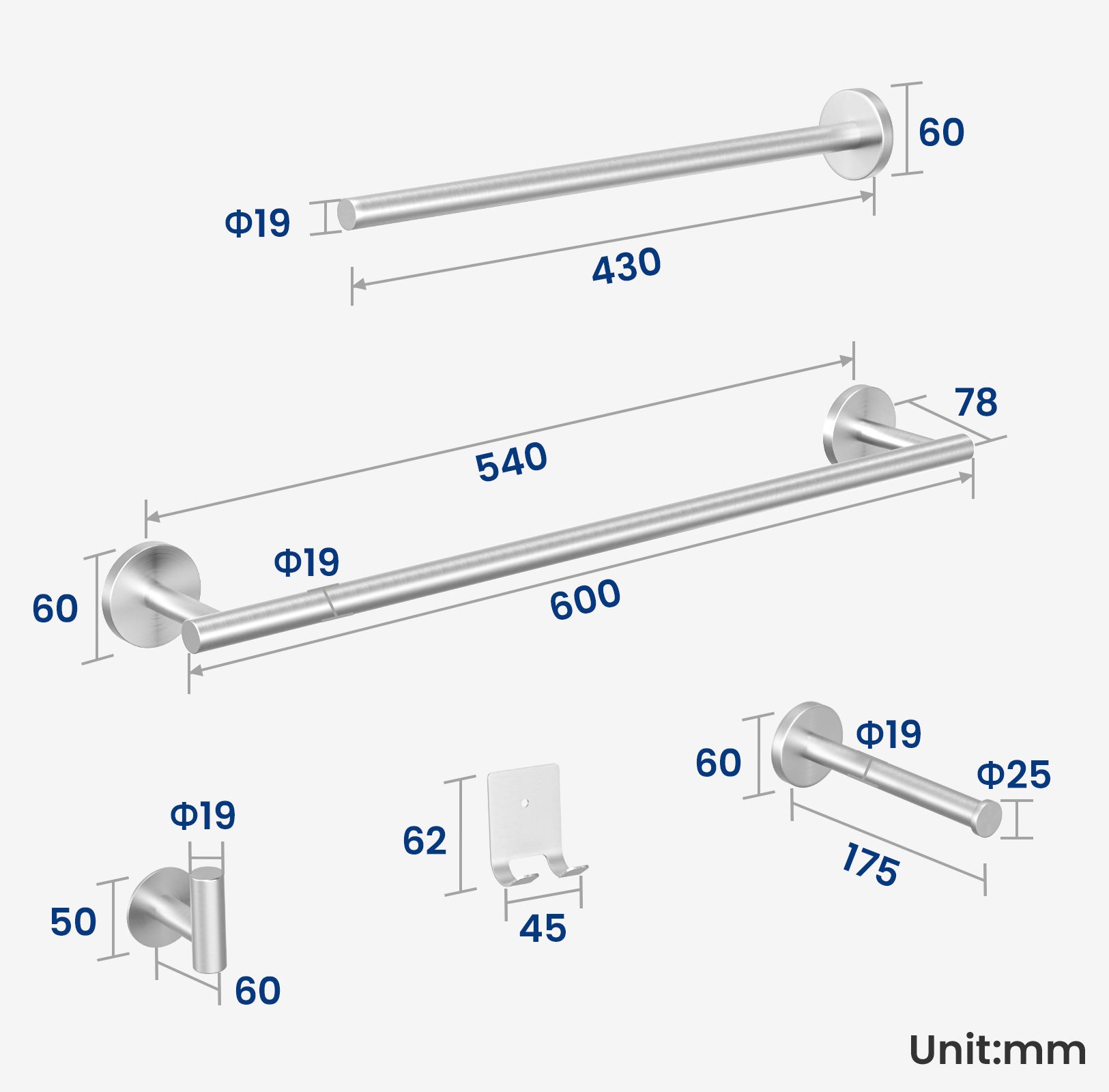 Cecipa MAX Portasciugamani da Parete Porta Carta Igienica da Bagno Set da Appendere per Bagno in Acciaio Inossidabile Spazzolato 4 Pezzi - 8