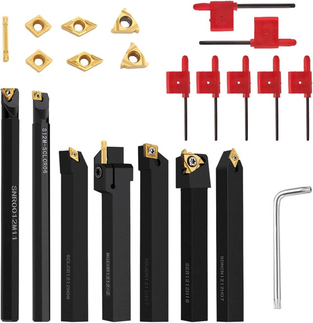 22 Pièces Ciseaux de Tournage Kit, Inserts en Carbure Avec Porte-Outil et Clé, 12mm Jeu Outil de Tournage de Tour, Outils Tour a Metaux Accessoires