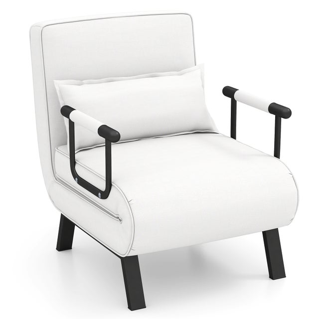 Fauteuil Convertible 1 Place, Chauffeuse 4-en-1 Dossier Réglable 6 Position, Siège Rembourré, Cadre Métal, Canapé-Lit Pliant, Blanc