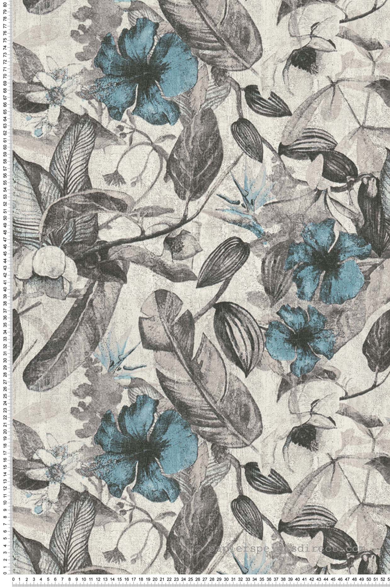 Papel pintado flores azul, gris y negro - 53 cm x 10,05 m - a.s. création