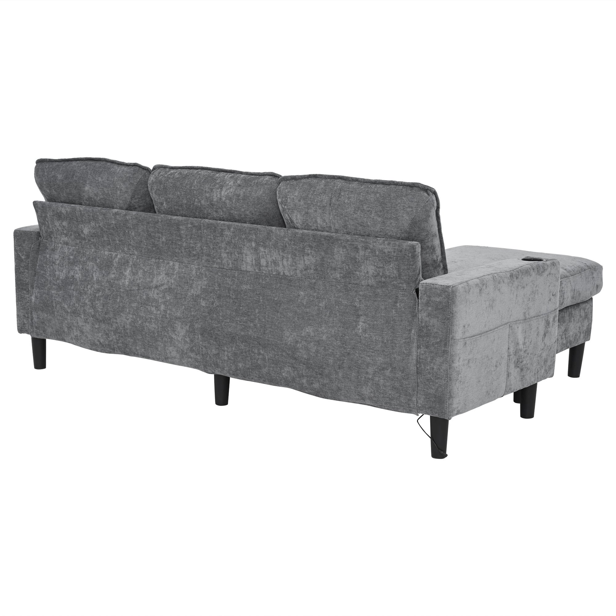 Canapé rembourré avec ports USB et Type-C, canapé 3 places avec deux porte-gobelets - Canapé-lit en L, gris, lin - 5