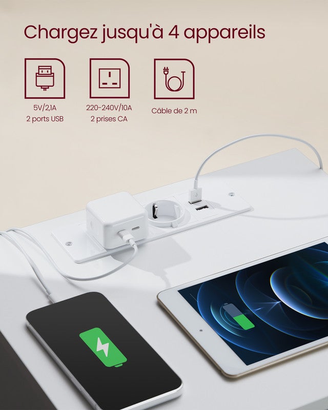 Table de Chevet avec Multiprise, Lot de 2, Table d’Appoint avec 3 Tiroirs, 2 Prises CA, 2 Ports USB, Blanc Nuage - 3