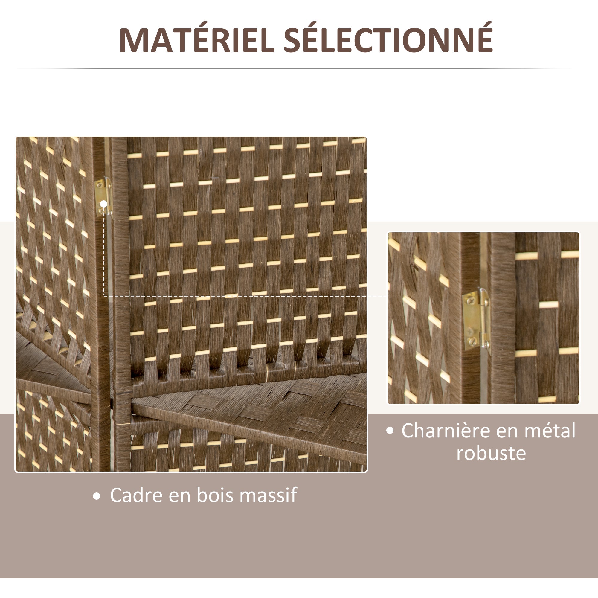 Paravent intérieur séparateur pièce 4 panneaux 2 étagères bois pin tressée fibres papier 181x180 cm marron - 7