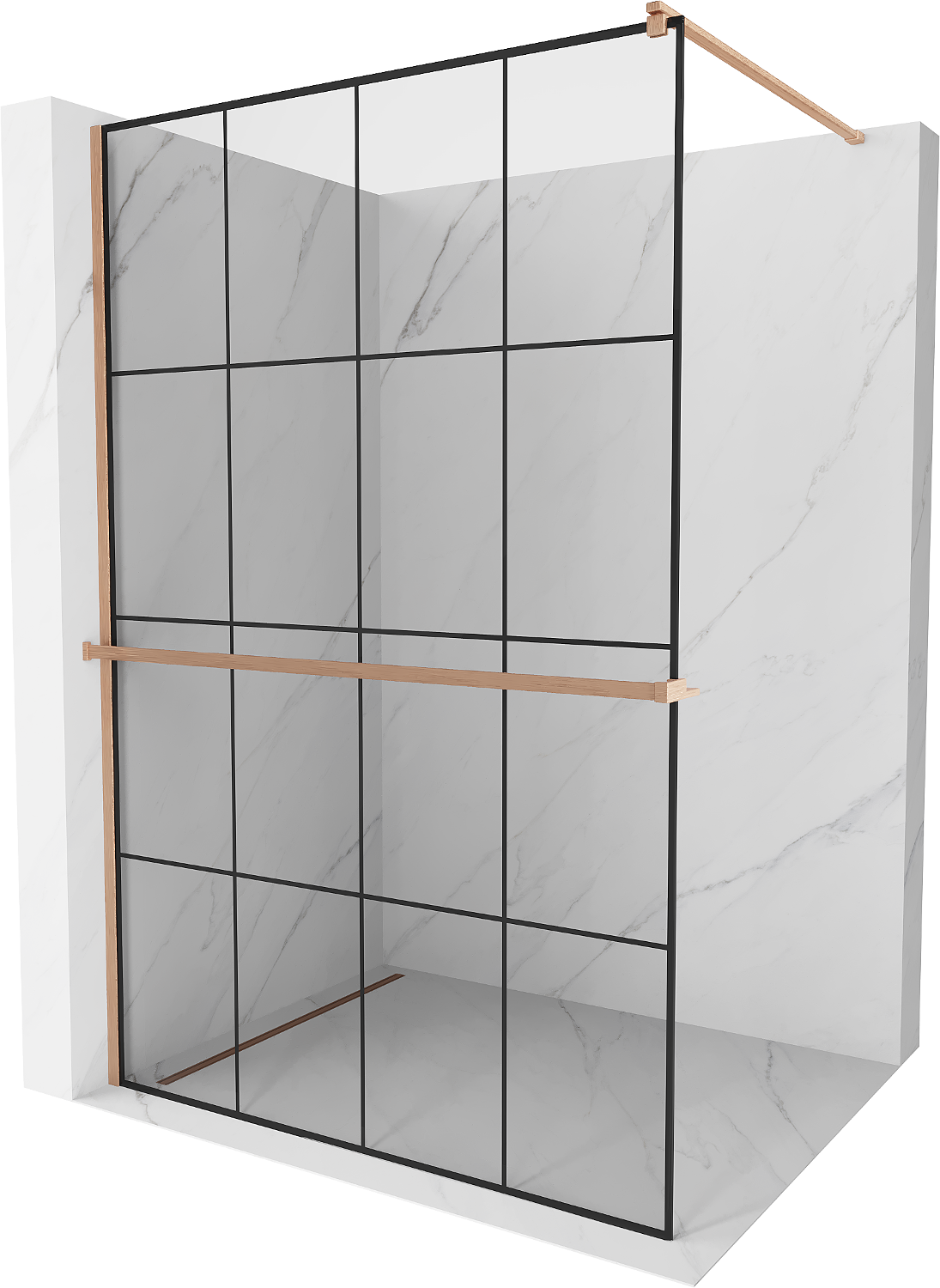 Mexen Kioto+ ścianka prysznicowa z półką Walk-in 140 x 200 cm, czarna kratka, miedź szczotkowana - 800-140-121-65-77