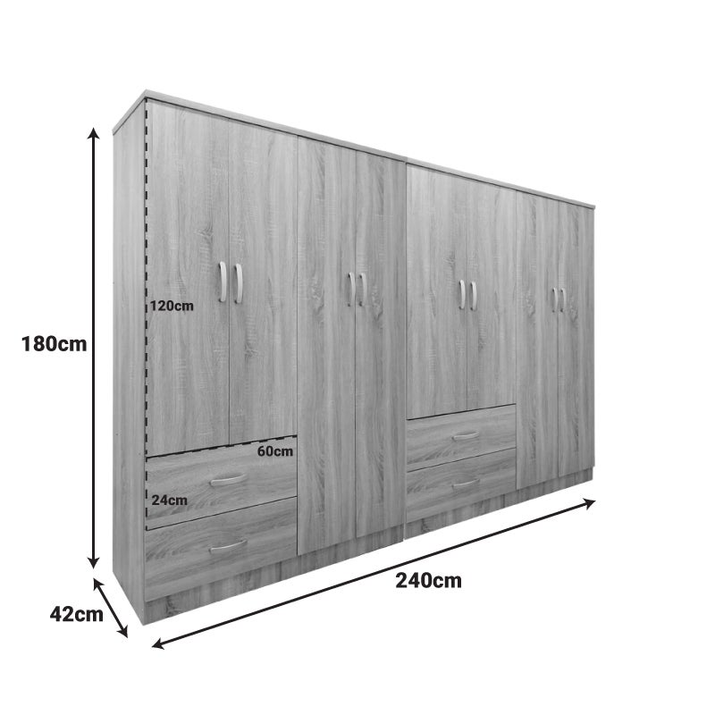 Armario Sonoma 241x42x181 cm | 8 Puertas, 4 Cajones, Barra para Colgar y 8 Estantes | 2 Módulos Independientes | Melamina - 4