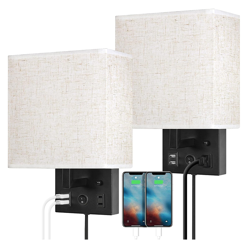Lampki nocne, zestaw 2 sztuk, z portem ładowania USB i wtyczką, odpowiednie do salonu, w zestawie żarówka LED E26.