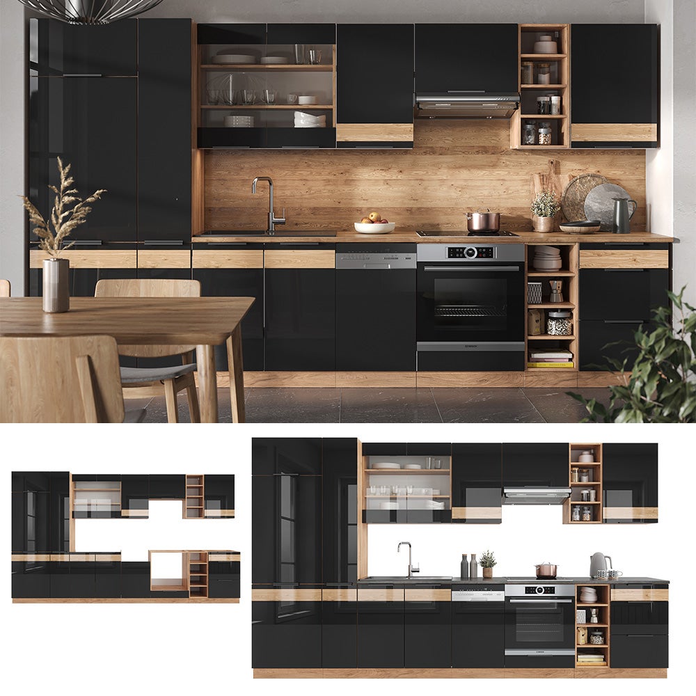 Cuisine Fame-Line Vicco 355cm Style Rustique - Meubles Chêne Anthracite Or (neuf)