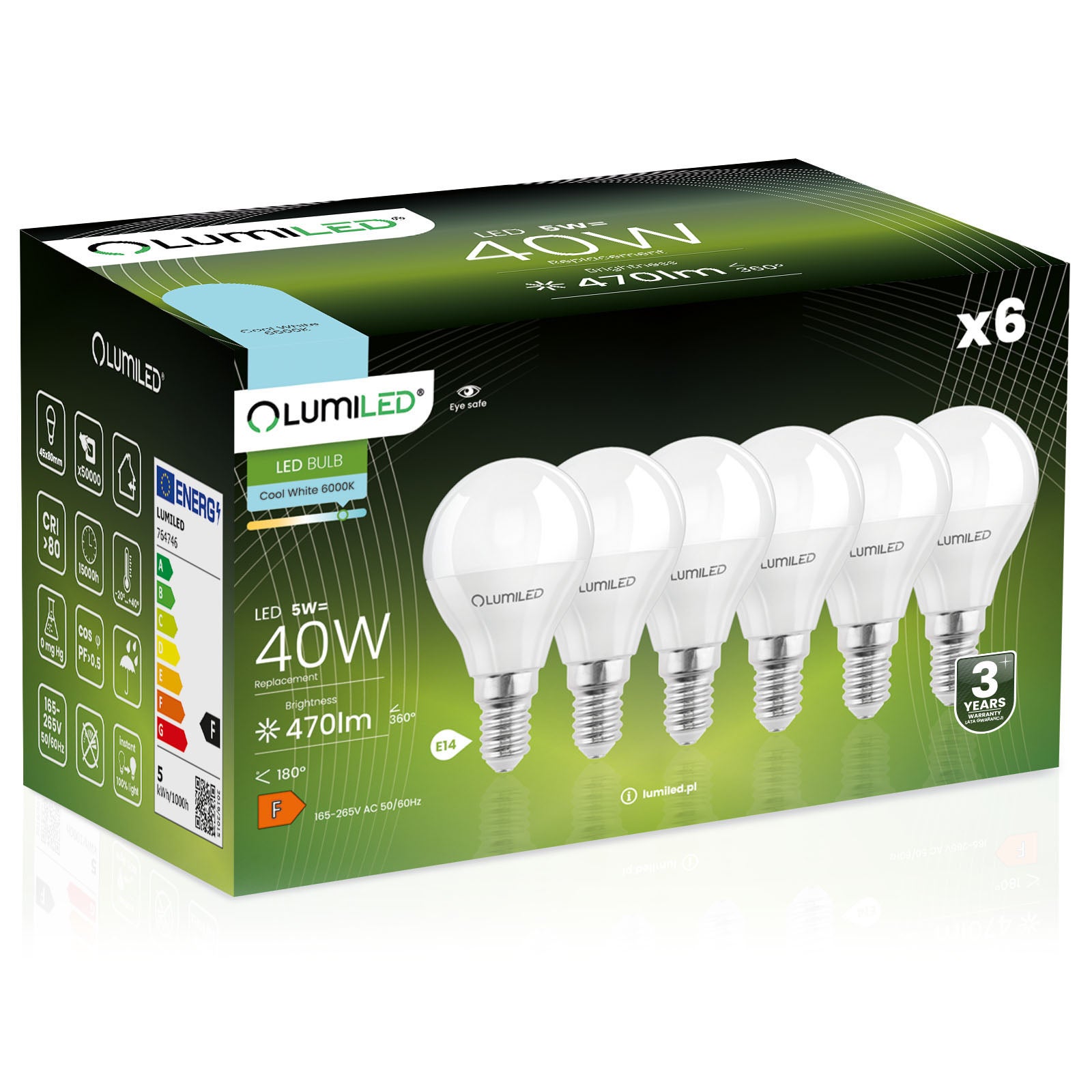 Żarówka LED Lumiled E14 P45 5W 470lm 6500K Zimna biel 180st 6 szt.