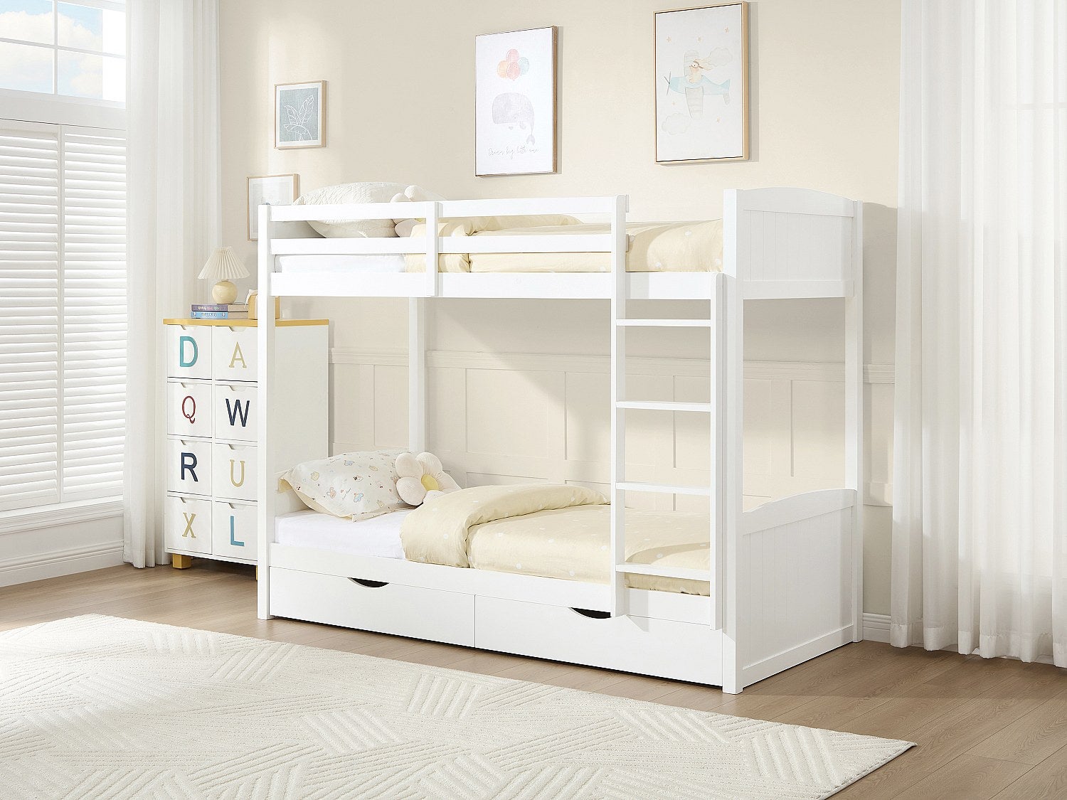 Łóżko piętrowe 2 x 90 x 200 cm - 2 szuflady - Drewno sosnowe i MDF - Biały + Materac - LIMODARA