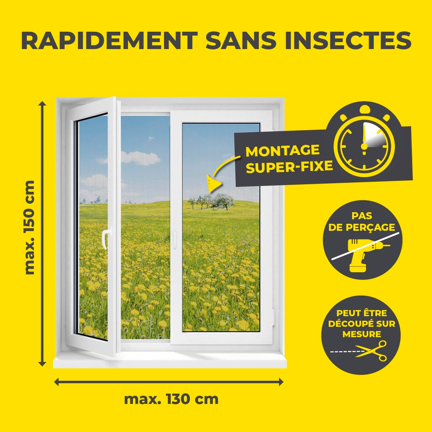 Moustiquaire magnétique pour fenêtre - Découpable pour s'adapter à toutes les fenêtres jusqu'à 150 x 130 cm - Sans perçage ni vissage - Noir - 2