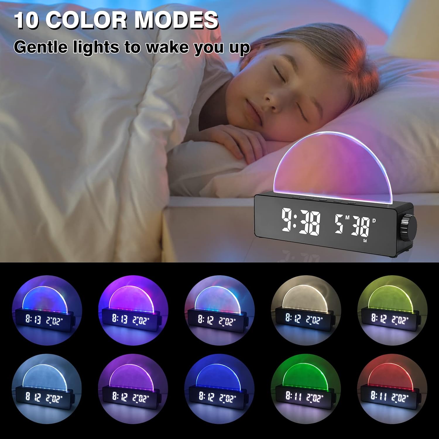 Réveil lumineux avec 10 modes de couleur, horloge numérique LED avec date/température, port de chargement USB, fonctions snooze et mode nuit (noir) - 2