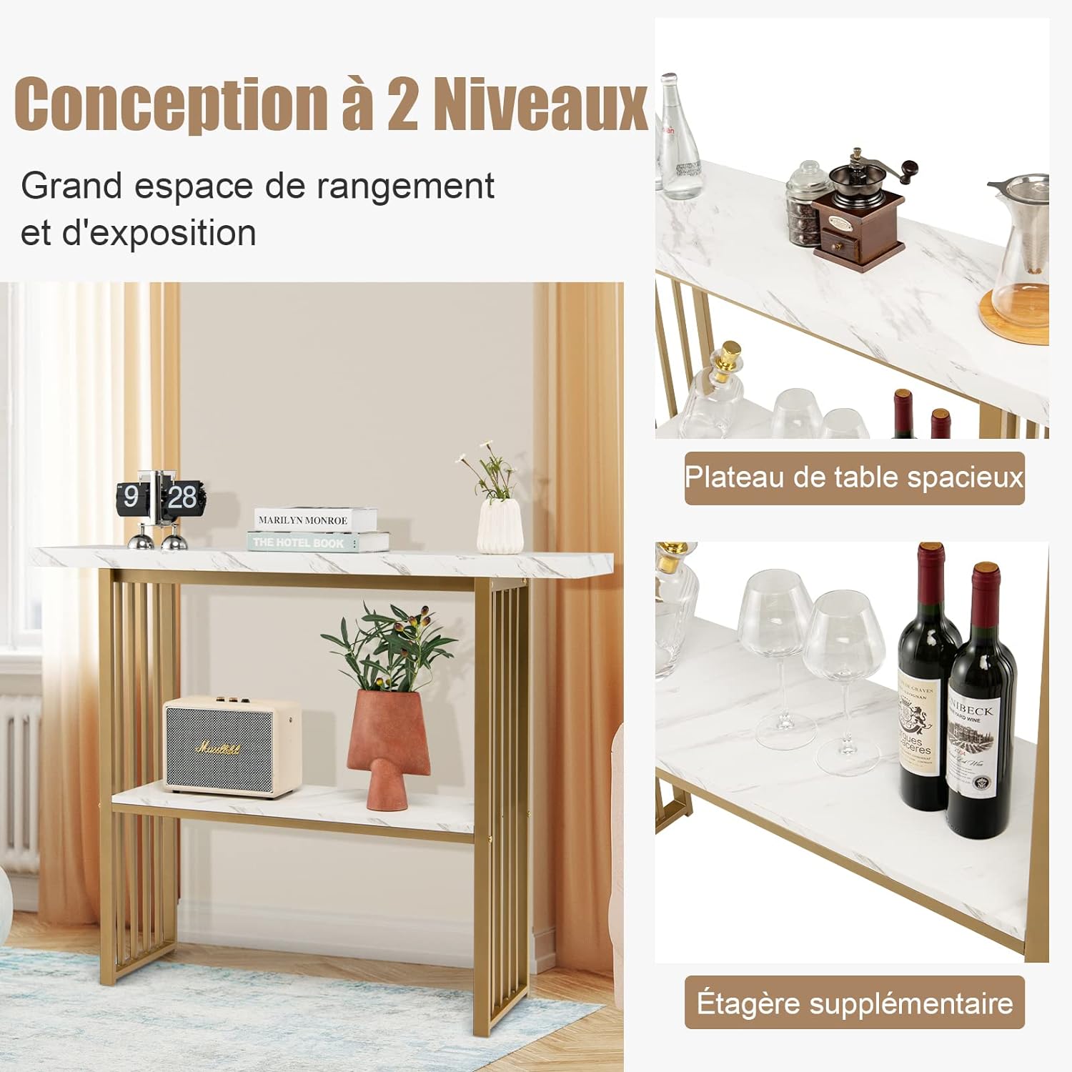 Table Console à 2 Niveaux, Cadre Métallique et Plateau de Marbre, Table d'Entrée de Dispositif Anti-Chute, Charge 50KG - 7