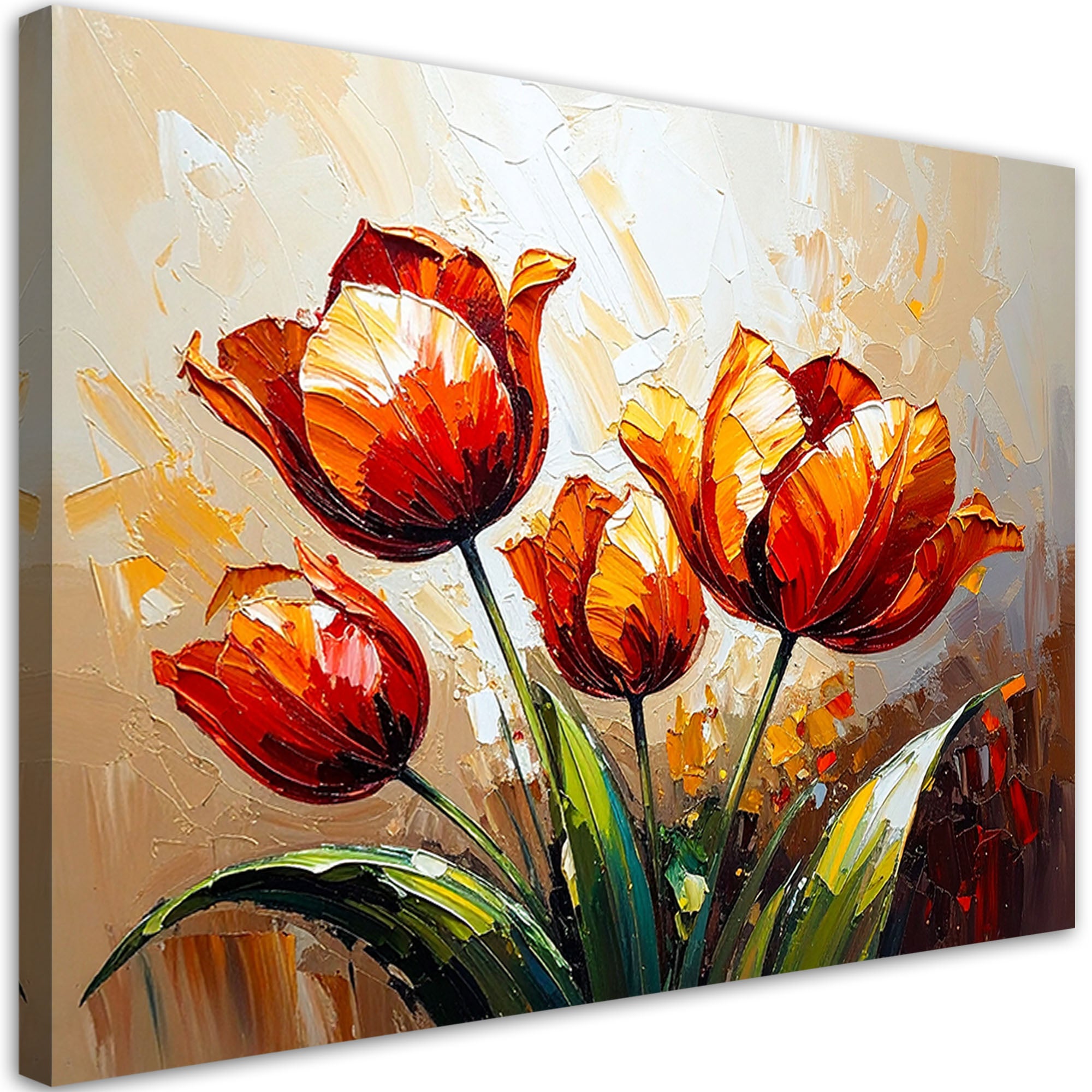 Obraz do salonu czerwone tulipany na beżowym abstrakcyjnym tle 100x70