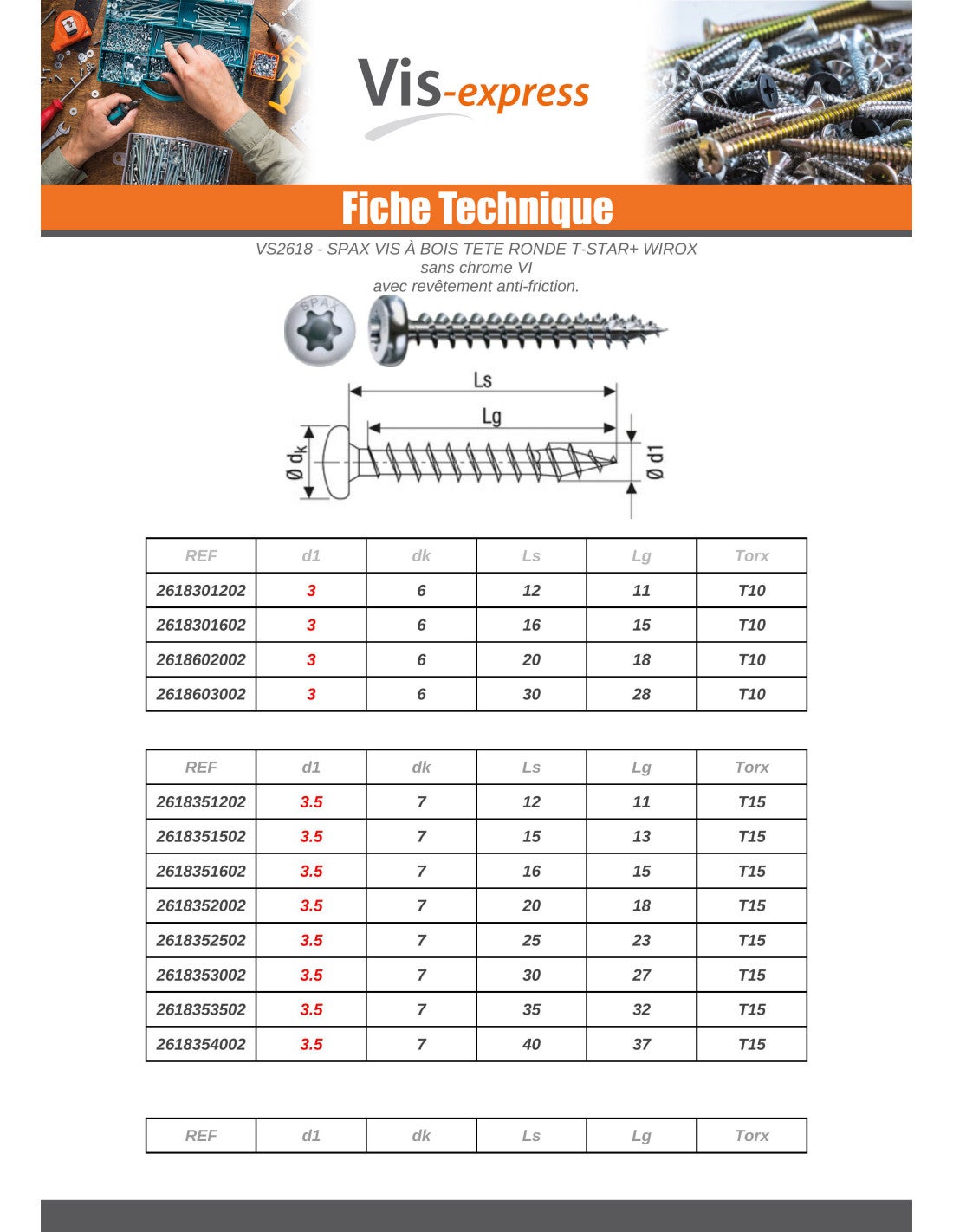 Spax Vis bois Tête ronde TR T-STAR+ TORX T20 WIROX 5X70 Filetée sur 61-30 pièces - 3