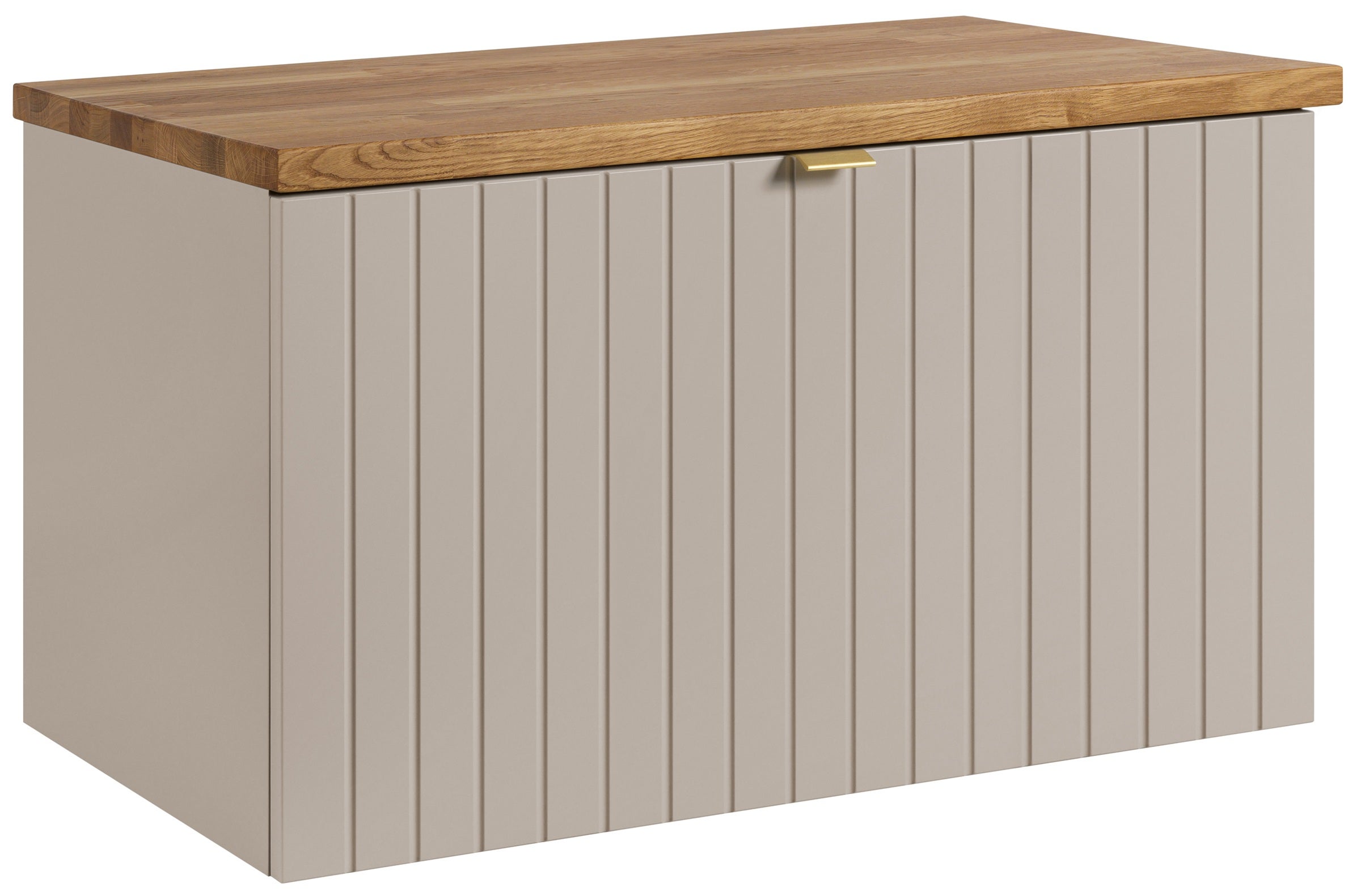 Szafka łazienkowa HARMO 81 cm kaszmir lakierowana z blatem dębowym frezowany front