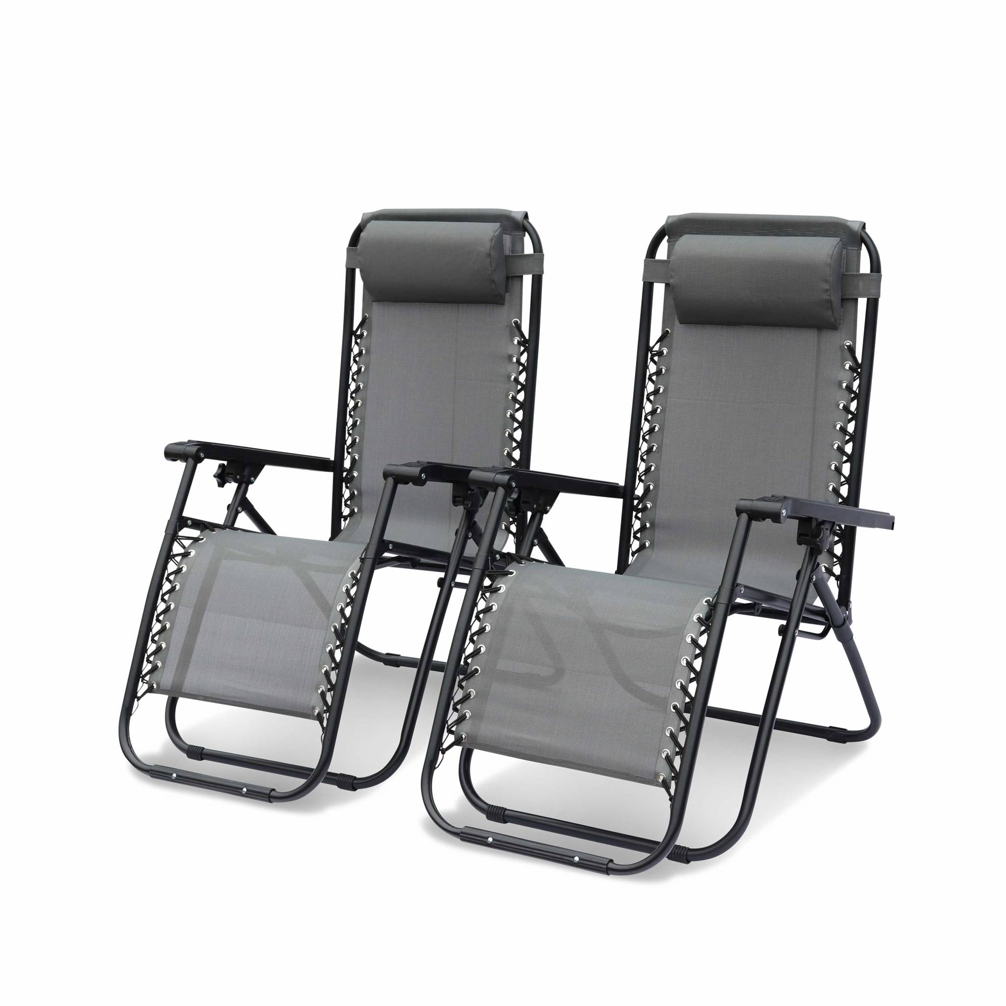 Lot De 2 Fauteuils Relax Pliables Alice's Garden - Textilène Gris - Multi-Positions - Jardin/Camping