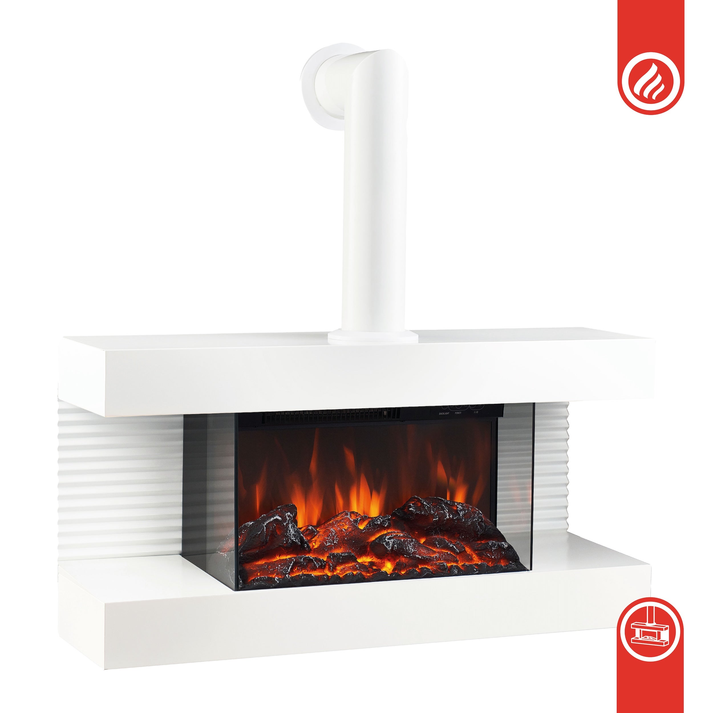 KAMINIO Chimenea eléctrica LIZ con tubo de chimenea - Chimenea de pared con calefacción, llama 3D, luz ambiental, control remoto - Blanco - 9