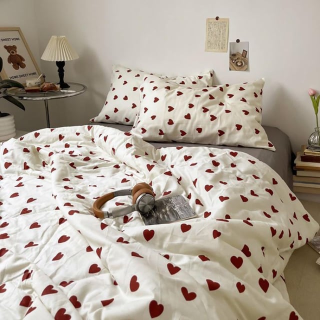 Parure de lit de style coréen avec cœur rouge Housse de couette pour enfants et adultes Twin Full Queen Size Drap plat Taie d'oreiller Linge de lit