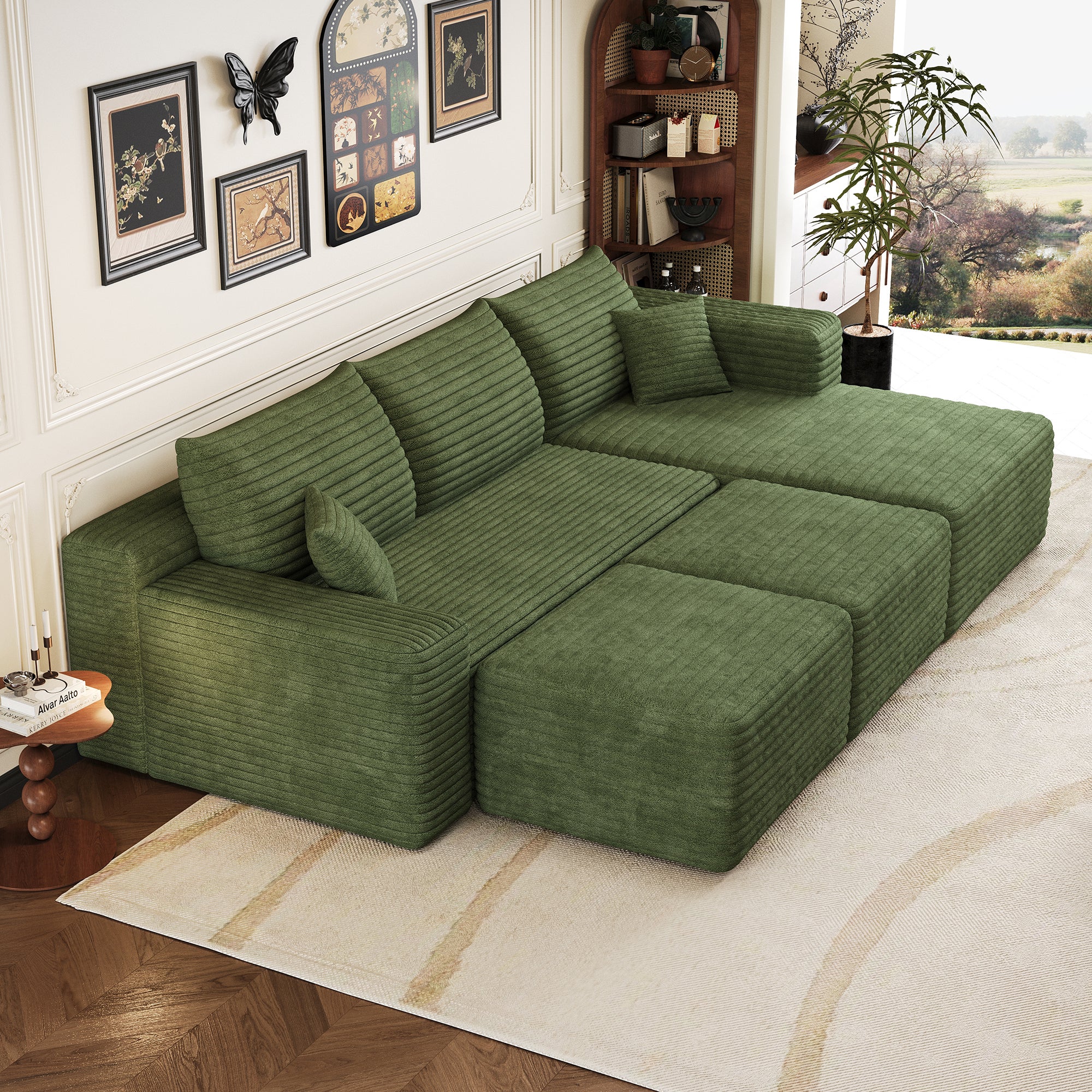 Canapé Modulaire compresse 241x151x58cm avec 2 repose-pieds et coussin, Canapé d'Angle Côté droit Velours Côtelé, Assise Profonde,Canapé 3 Places Vert - 3