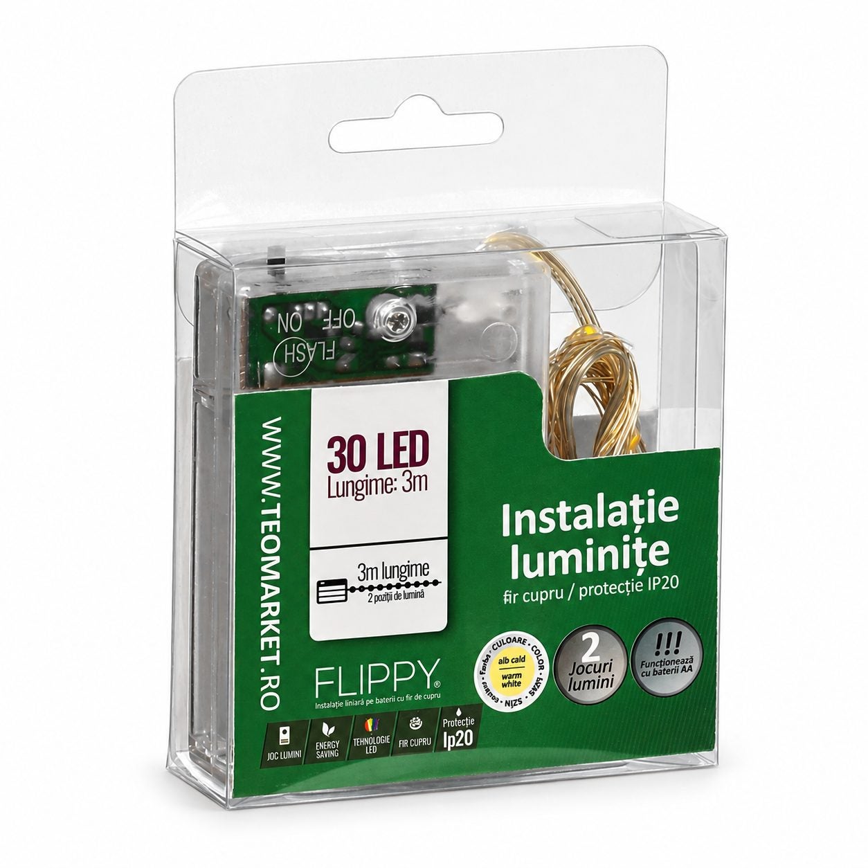 Instalatie de Craciun Flippy cu baterii, fir cupru, 3 m, 30 LED, alb cald
