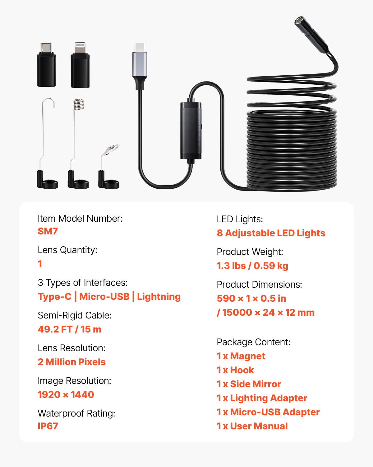 Câmera endoscópica,cabo semi-rígido VEVOR 15 m,HD 1920p,iluminação LED 8,zoom x2,IP67 à prova d'água,Android,iOS,automóvel,encanamento - 7