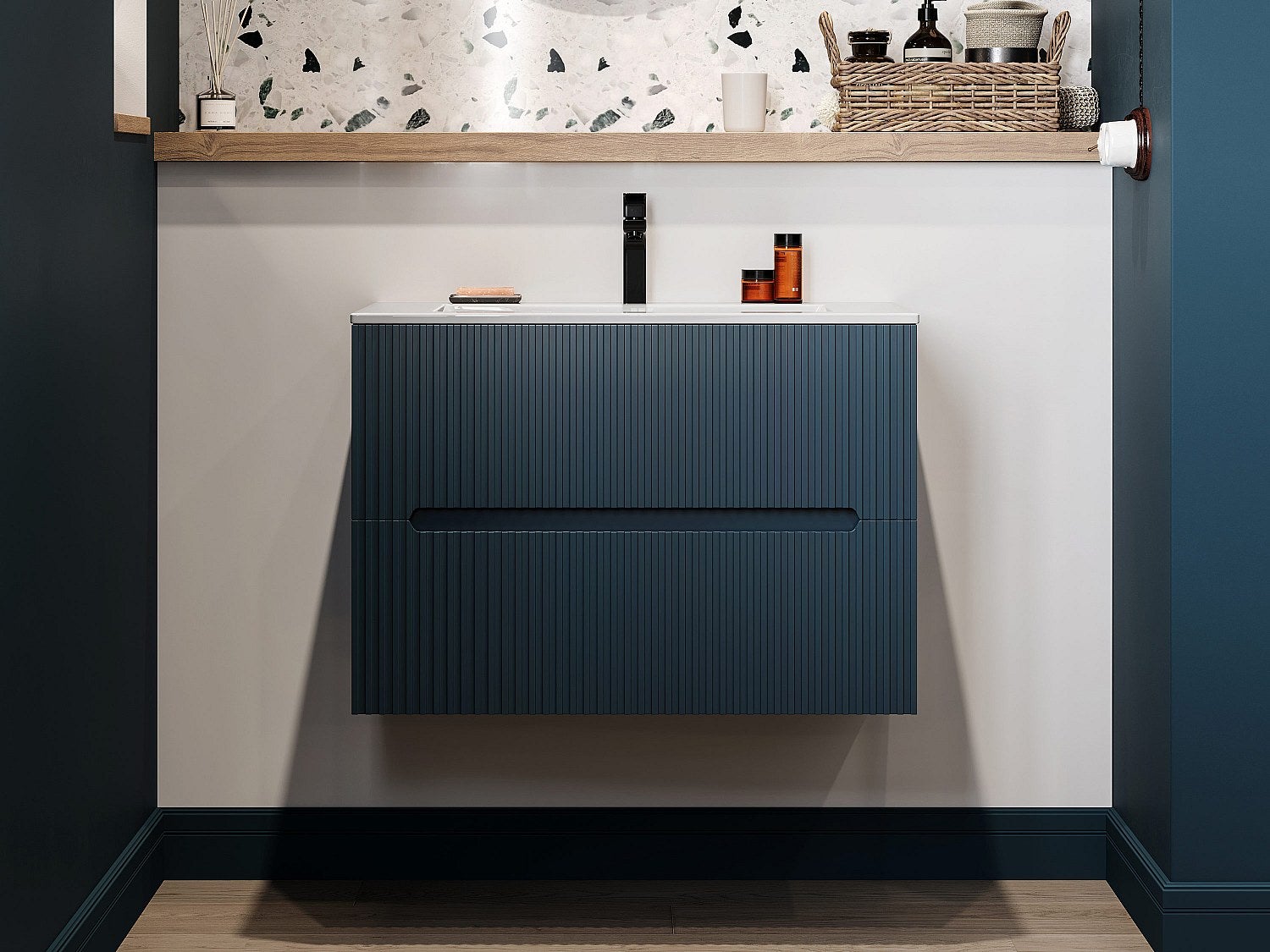 Szafka łazienkowa wisząca ryflowana niebieska - 80 cm - PAVANI