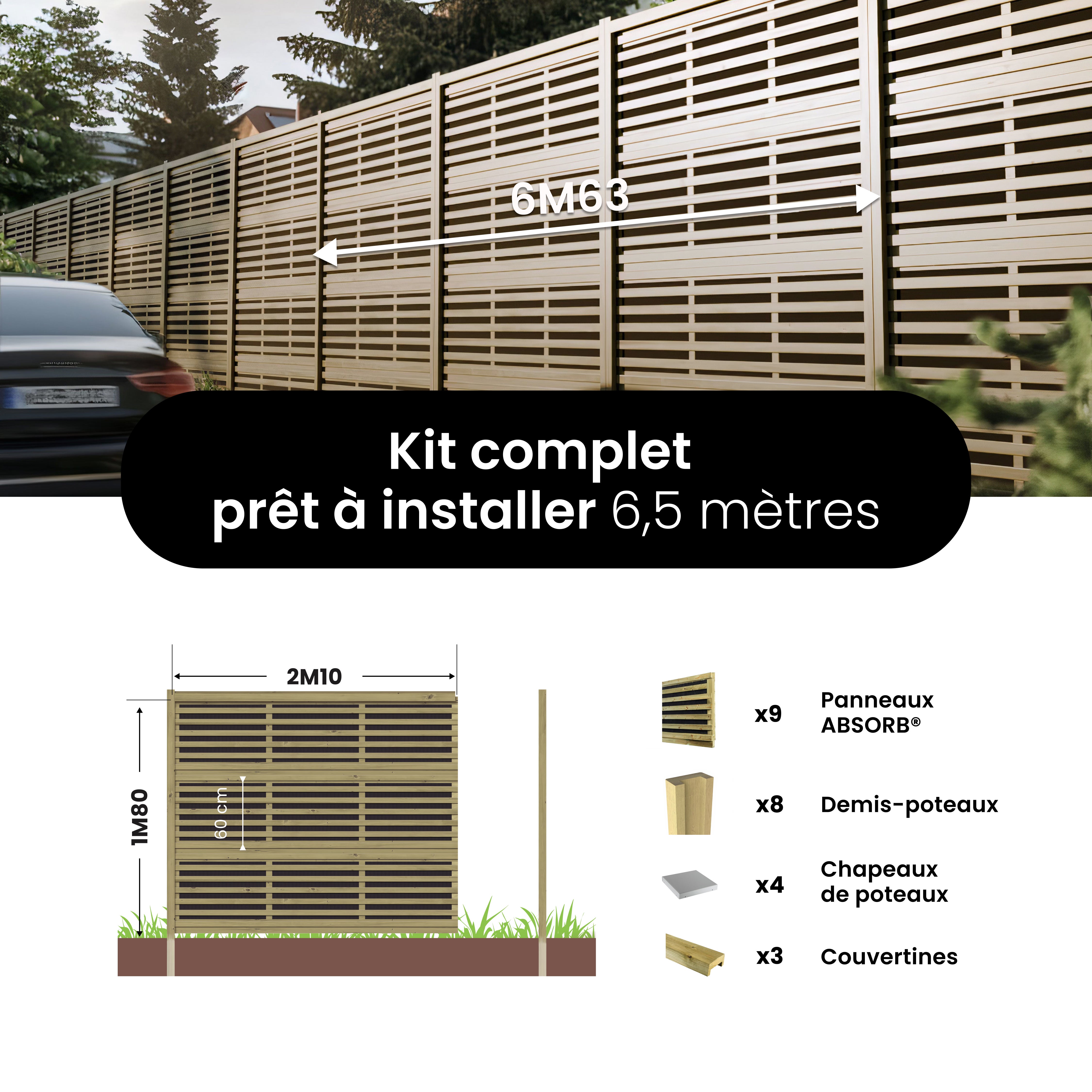 Mur Anti-bruit Bois 6,63x1,8m SILENZO ABSORB - Clôture Réduction Sonore - Palissade - 8