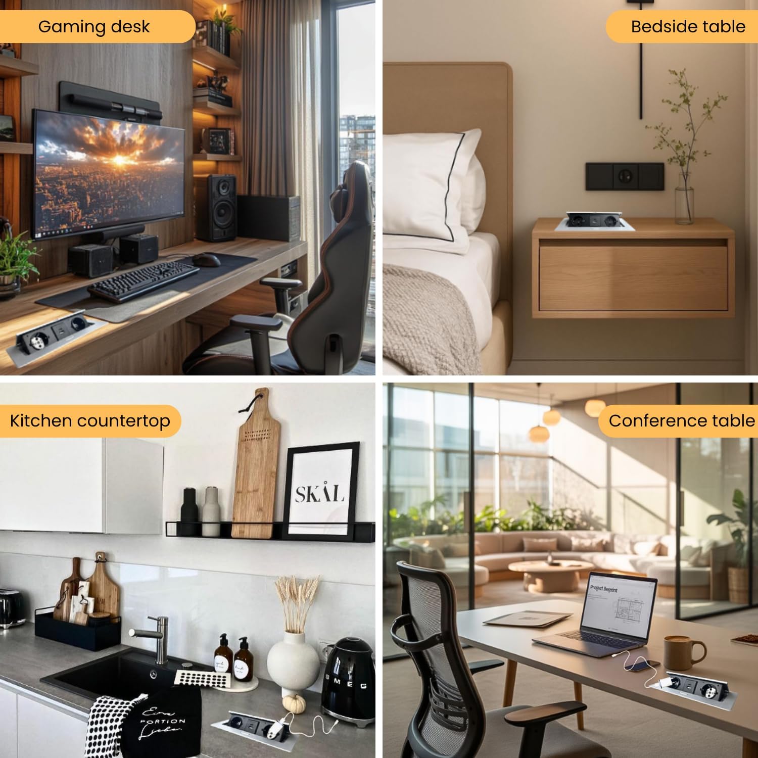 Multiprise Encastrable Escamotable avec 2 Prises SCHUKO + 2 Prises USB (A+C), Câble de 1,5 m – Pour Bureau et Table (Couleur Aluminium) - 5
