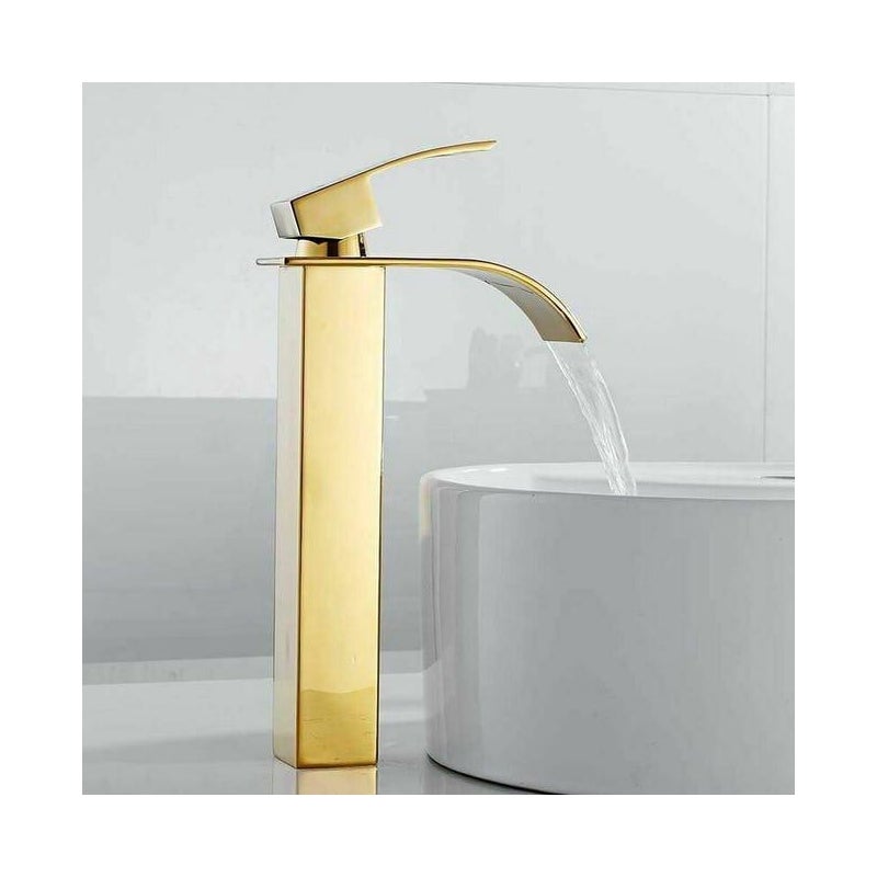 Bateria łazienkowa z wysoką wylewką i wodospadem, nowoczesna kwadratowa chromowana bateria do ciepłej i zimnej wody z jednym otworem (złota)