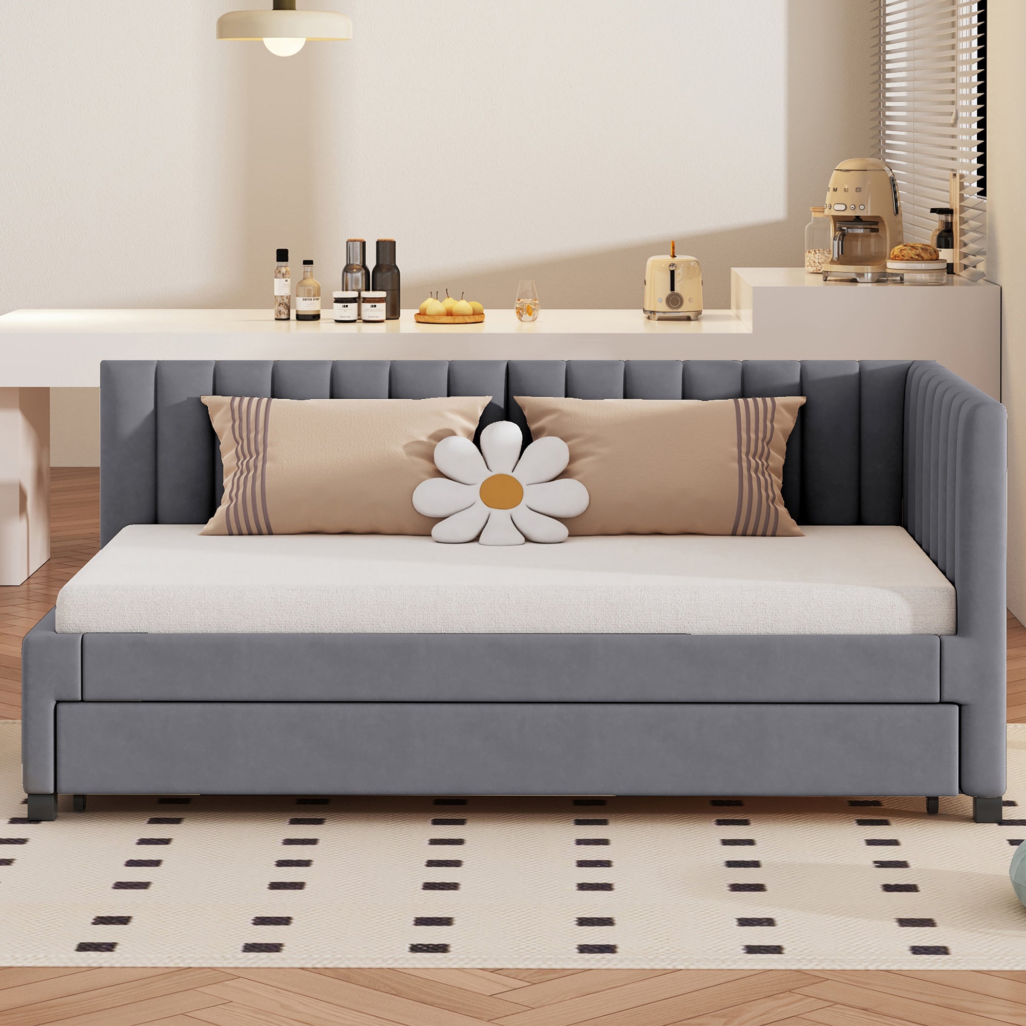Sofa rozkładana 90*200, Wielofunkcyjne łóżko z listewkami, Łóżko dla nastolatka, Szary, Aksamitny materiał