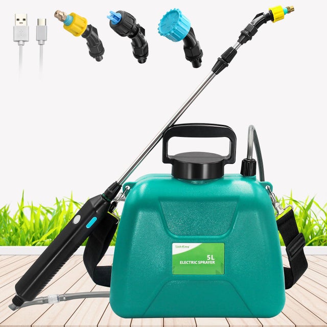 Pulvérisateur alimenté par batterie 5L, pulvérisateur de jardin électrique avec poignée rechargeable, 3 buses de brouillard et baguette télescopique