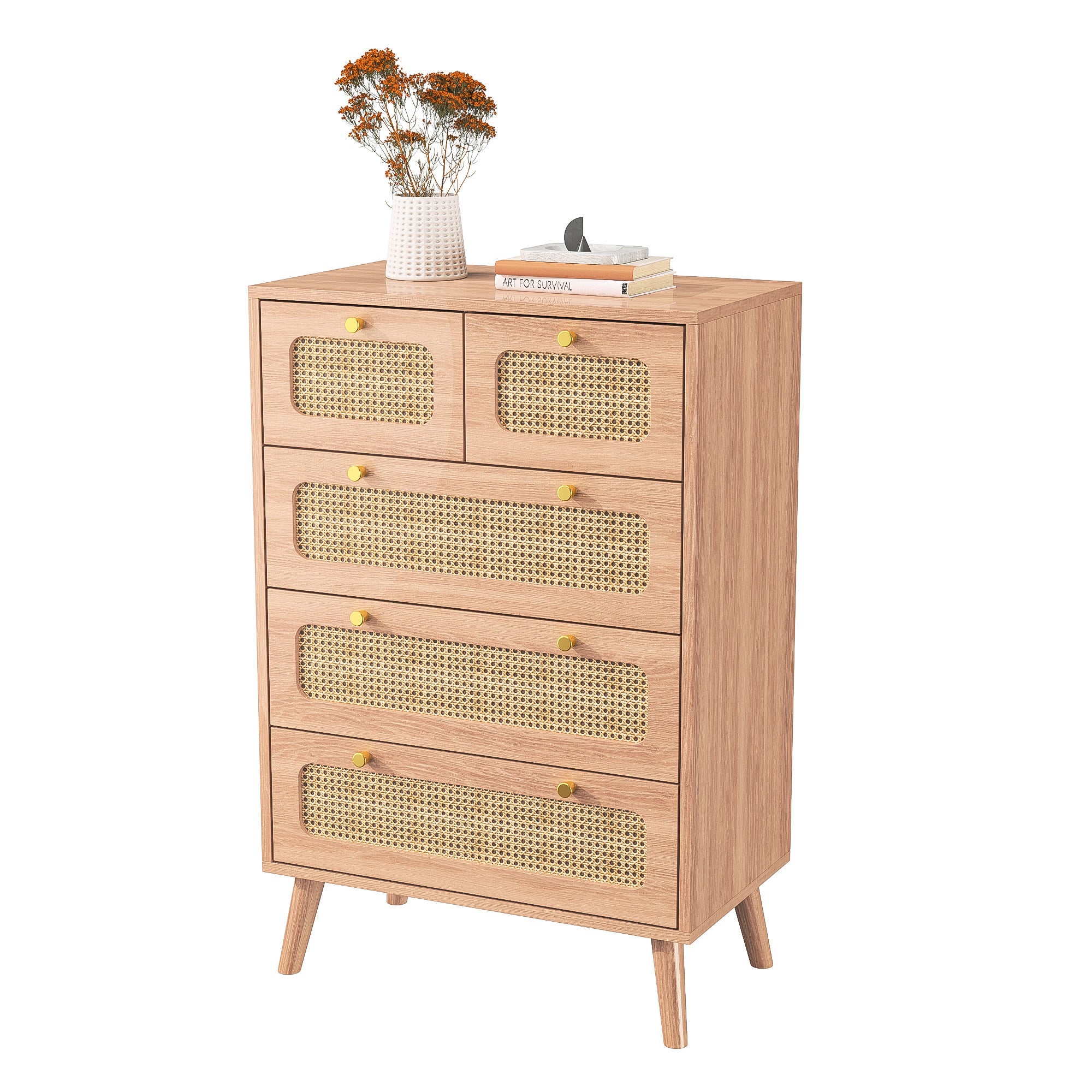Commode en décor bois et cannage - 5 tiroirs poignées en métal - pieds hauts bois - conception anti - basculement - 60x91x34 cm - couleur bois naturel - 8