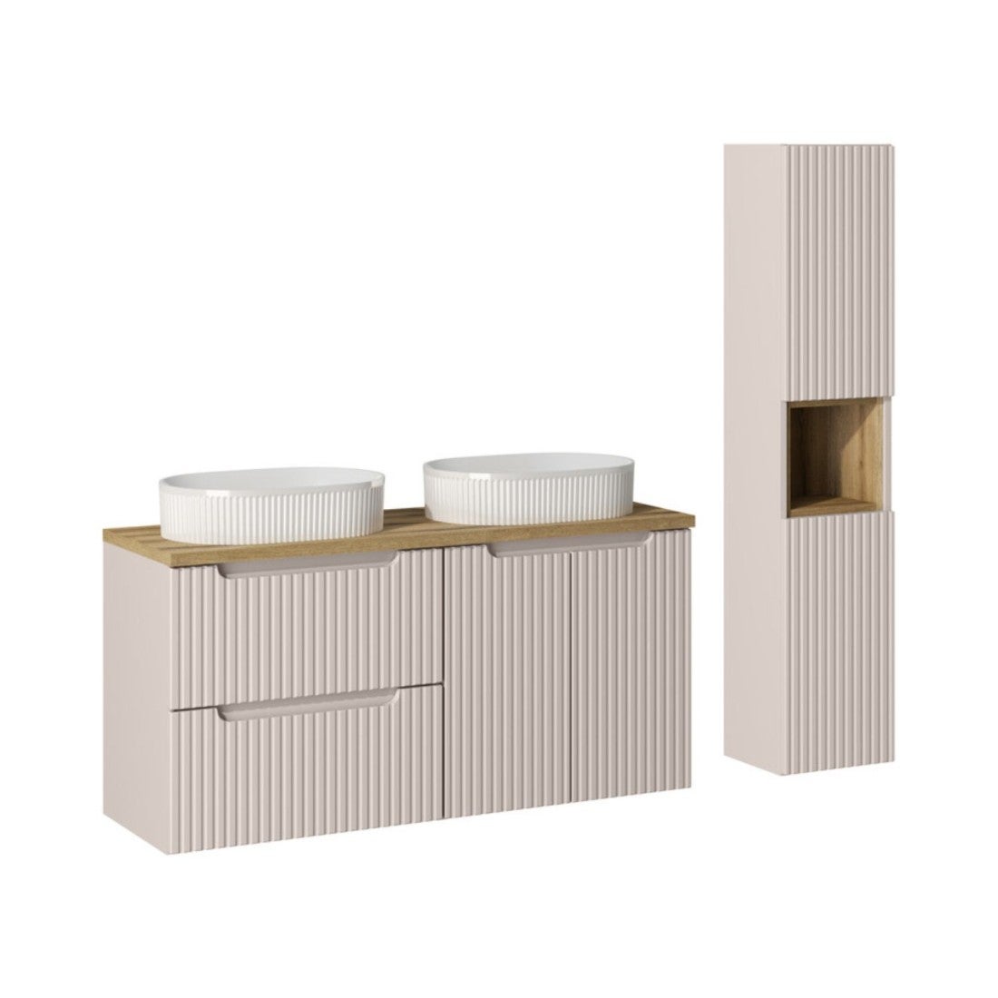 Conjunto vano cachemir y roble 150cm: muebles bajo lavabo con cajones y armarios + lavabos sobre encimera blancos ranurados + columna