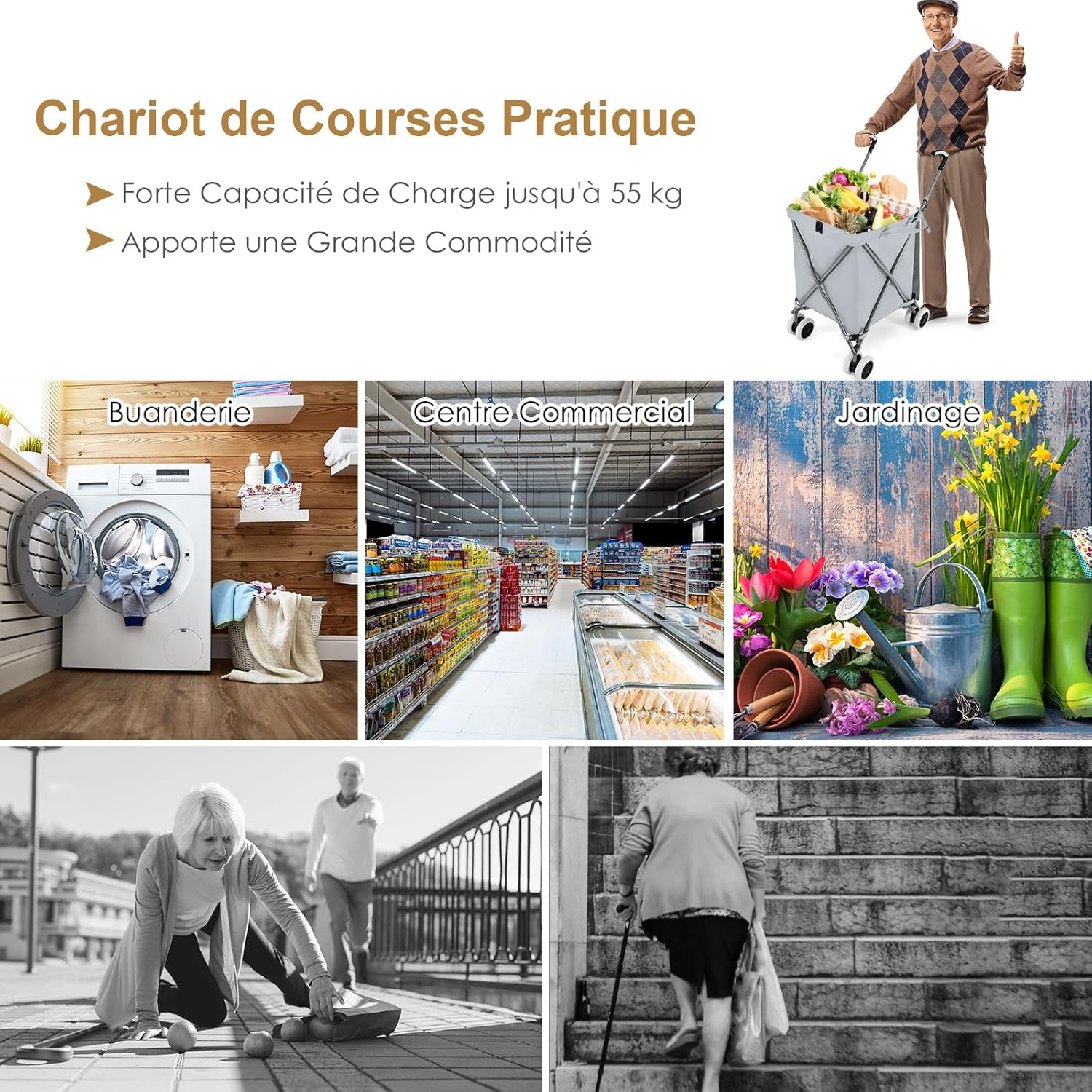 Carrello Spesa Pieghevole con Ruote, Carrello Portaspesa con Fodera in Tessuto Oxford Rimovibile e Impermeabile, 90L, Capacità di peso 55 kg ( - 6