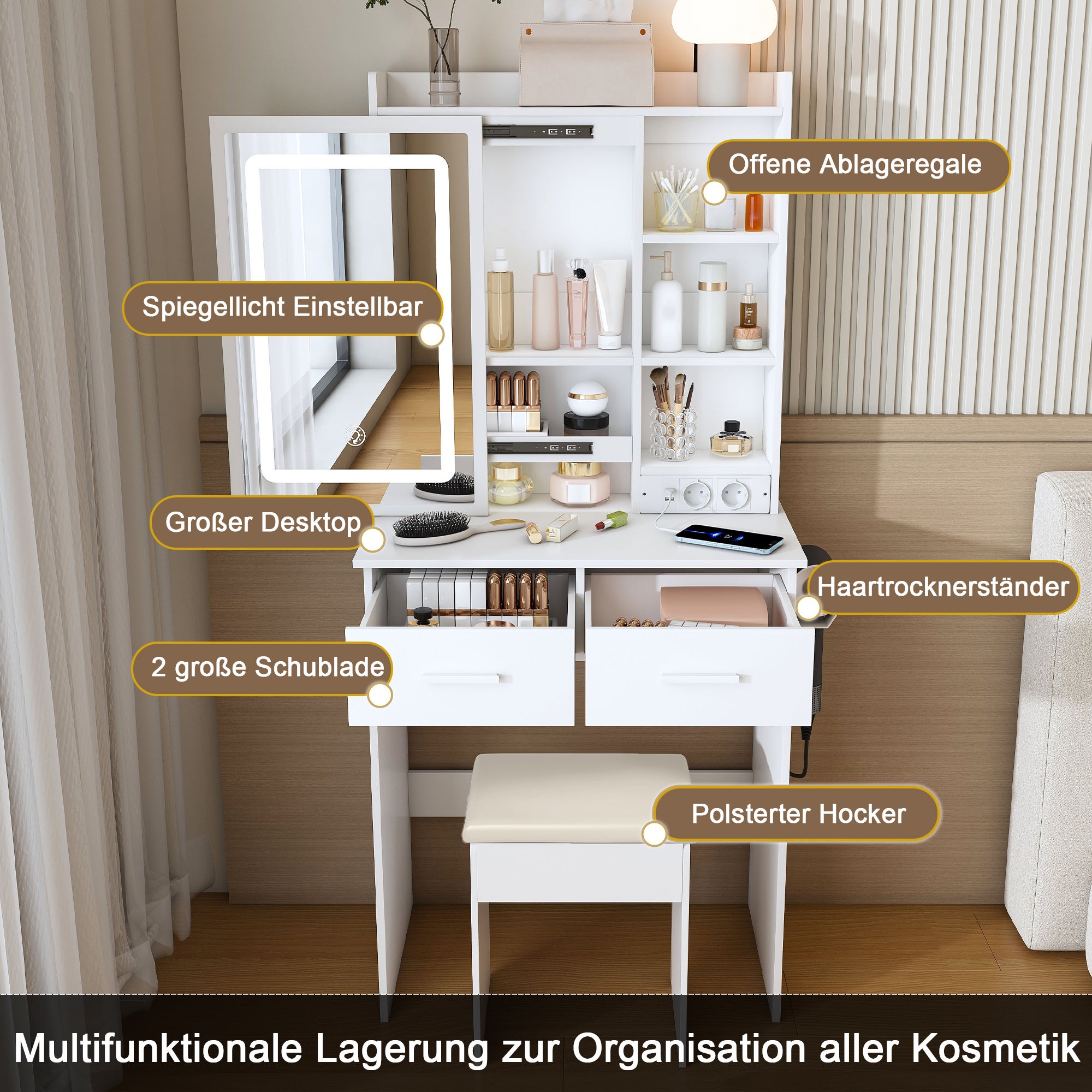 Petite coiffeuse blanche avec éclairage LED réglable, tabouret et rangements. Idéale pour les petites chambres. Dimensions&nbsp;: 60&nbsp;×&nbsp;136&nbsp;×&nbsp;36&nbsp;cm. - 5