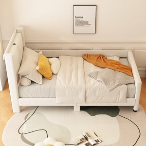 Canapé-lit Rembourré Luxe 90x200 Cm Avec Ports USB - Lit De Jour Multifonction, Tissu Lin, Sommier à Lattes, Beige