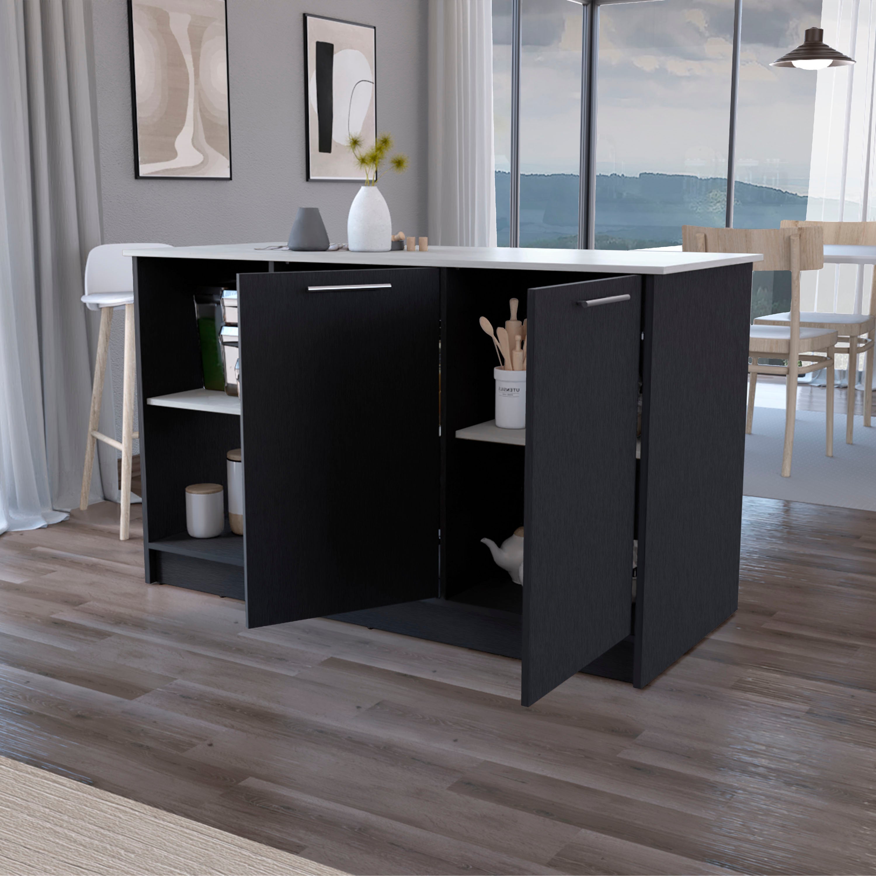Ilot de cuisine Juniper en mélaminé avec deux portes et 3 étagères , 90 cm X 150 cm X 64 cm , Black / Ibiza - 4